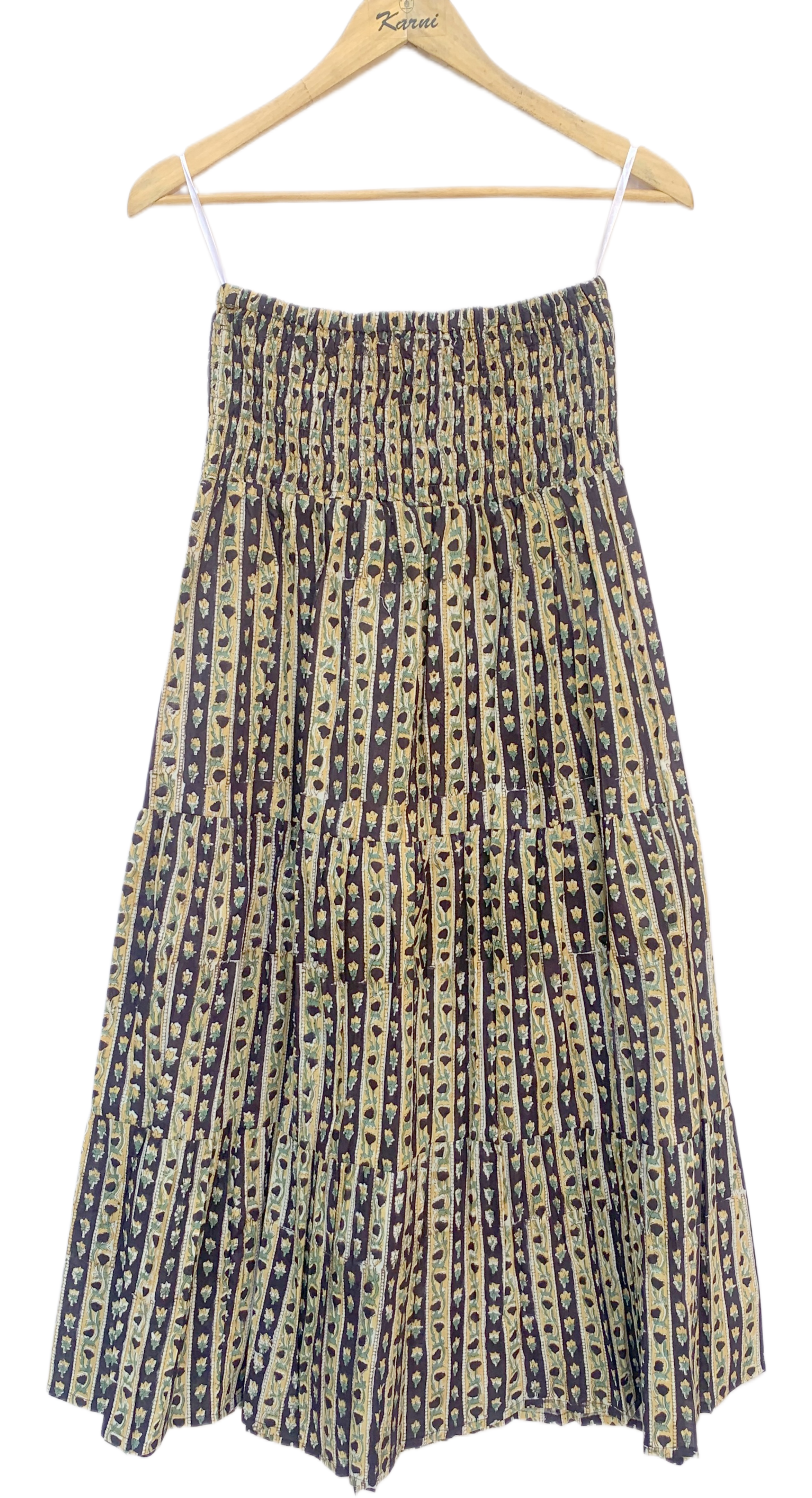 Maze Hand Block Printed Cotton Tiered Maxi Skirt – Smocked Waist Boho Flared Skirt