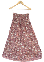 Dusty Rose Floral Hand Block Printed Cotton Maxi Skirt – Smocked Waist Tiered Skirt