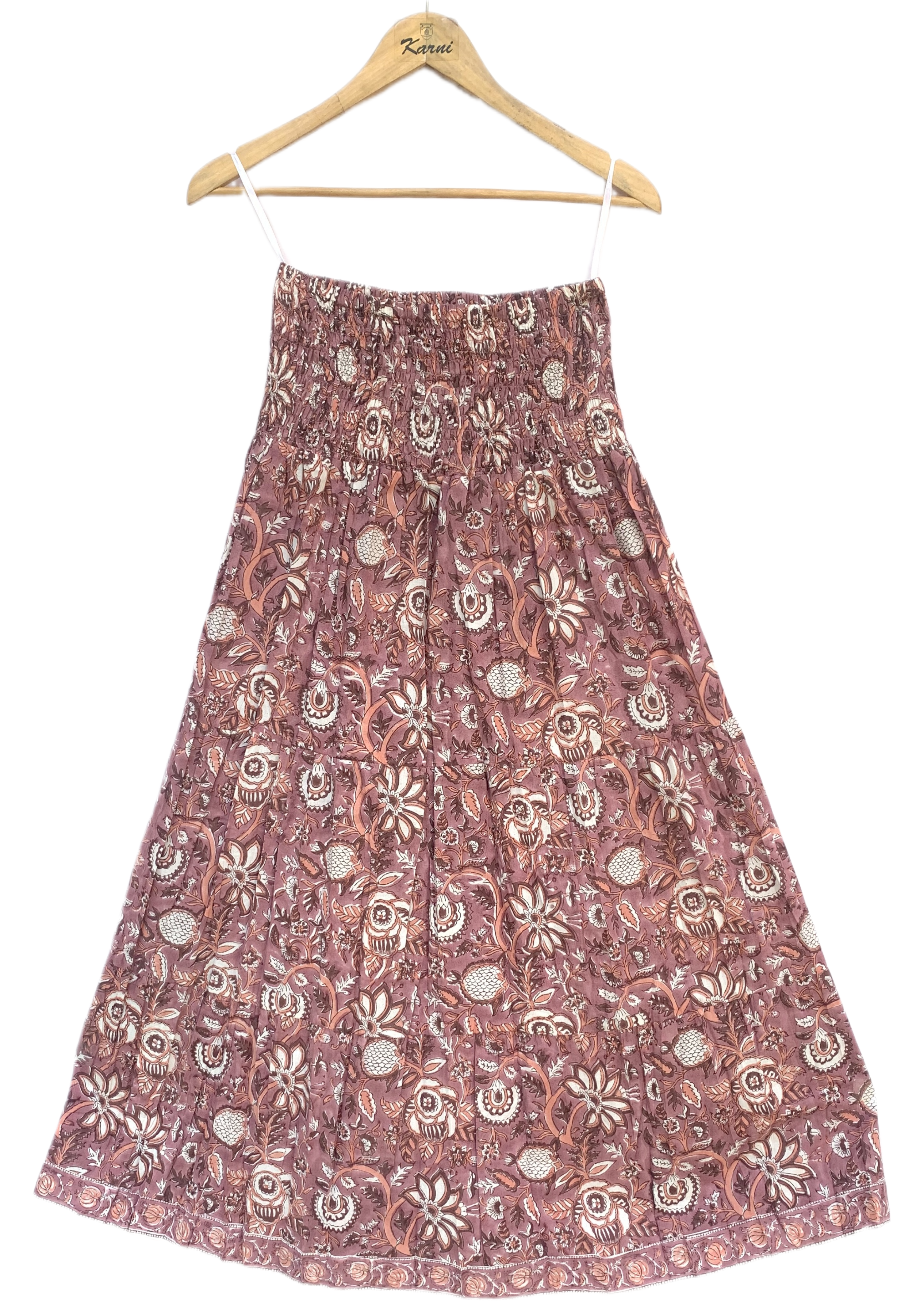 Dusty Rose Floral Hand Block Printed Cotton Maxi Skirt – Smocked Waist Tiered Skirt