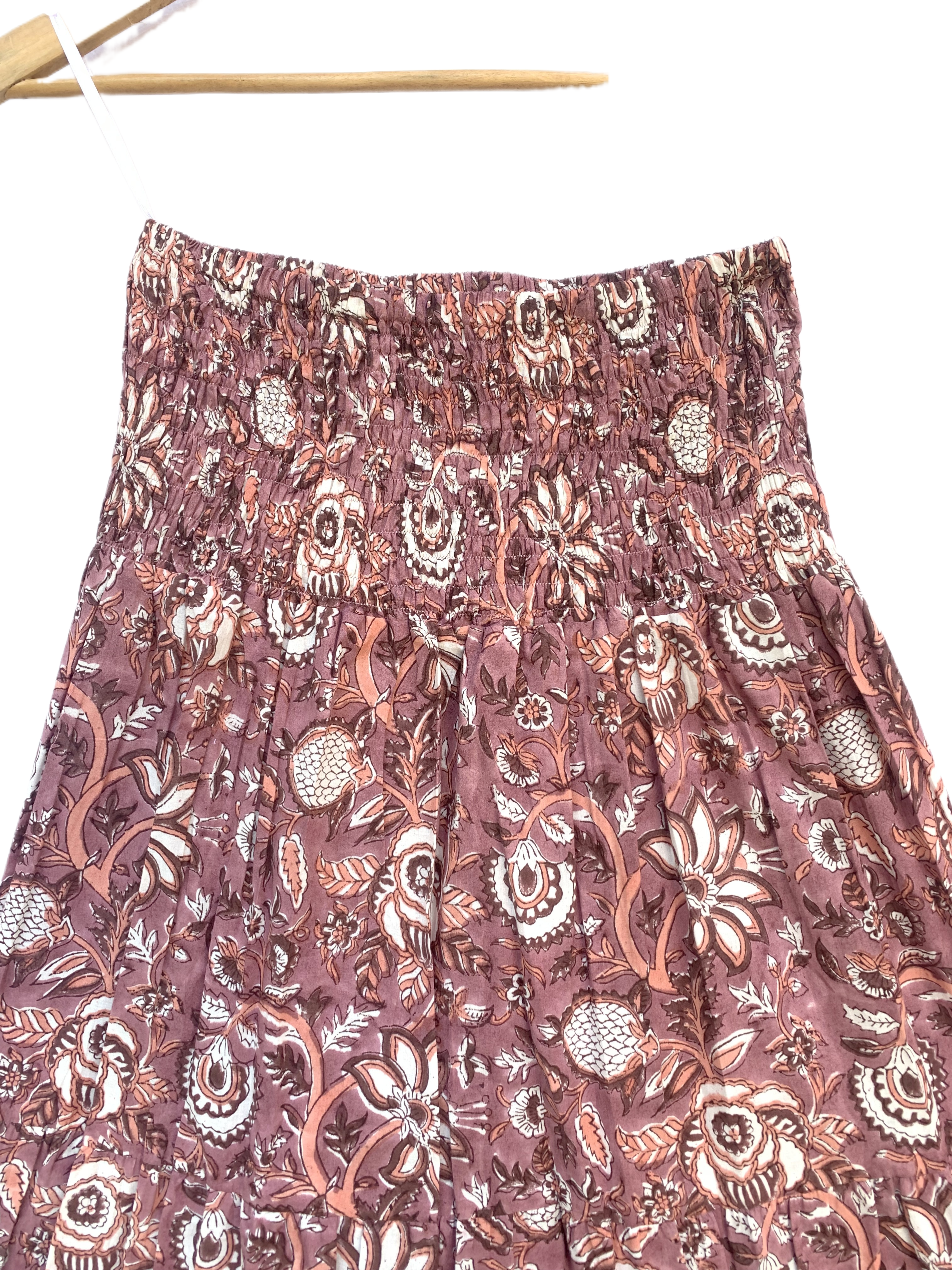 Dusty Rose Floral Hand Block Printed Cotton Maxi Skirt – Smocked Waist Tiered Skirt