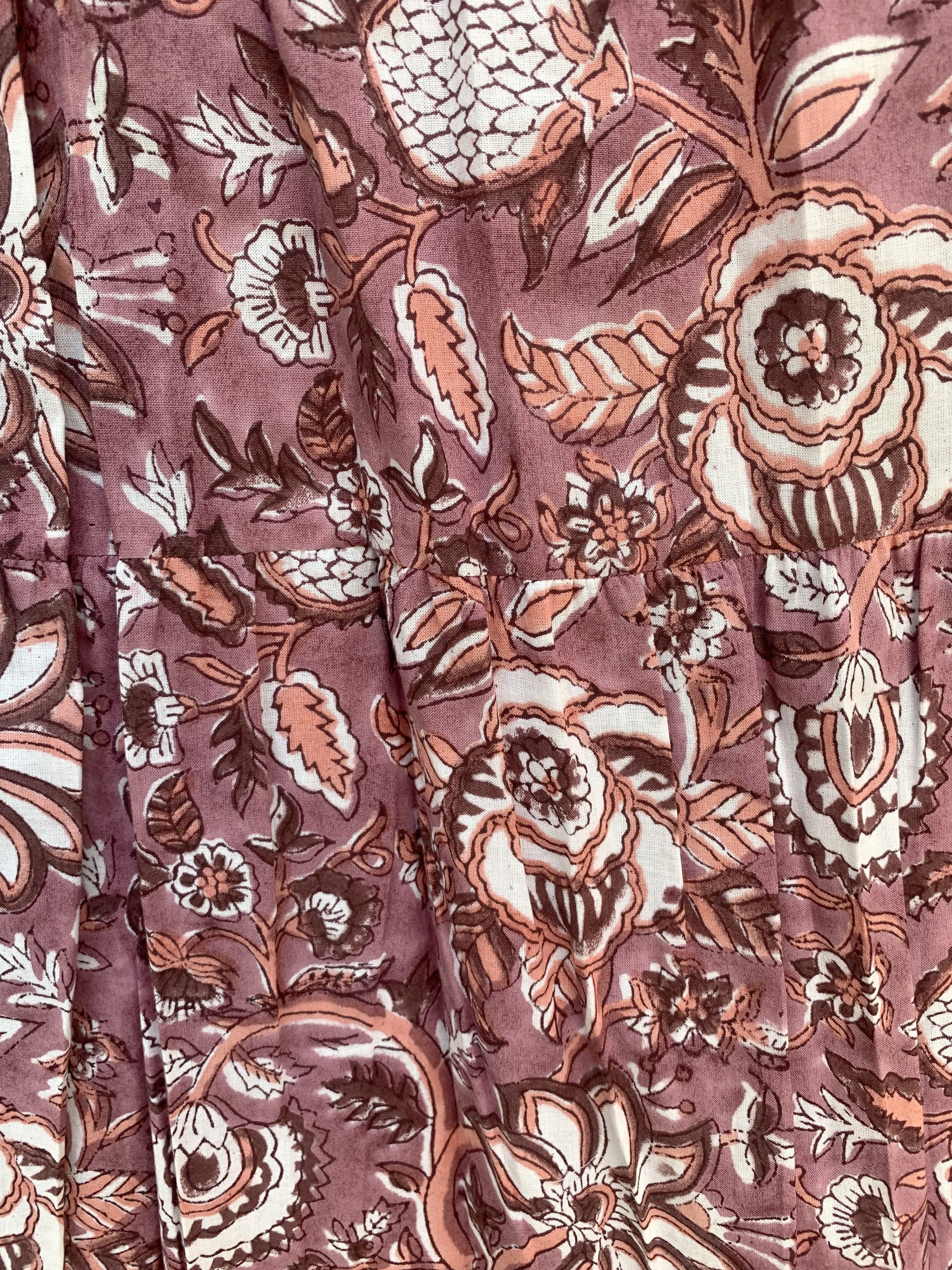 Dusty Rose Floral Hand Block Printed Cotton Maxi Skirt – Smocked Waist Tiered Skirt