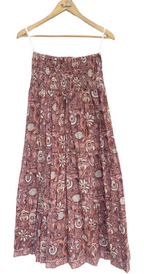 Dusty Rose Floral Hand Block Printed Cotton Maxi Skirt – Smocked Waist Tiered Skirt