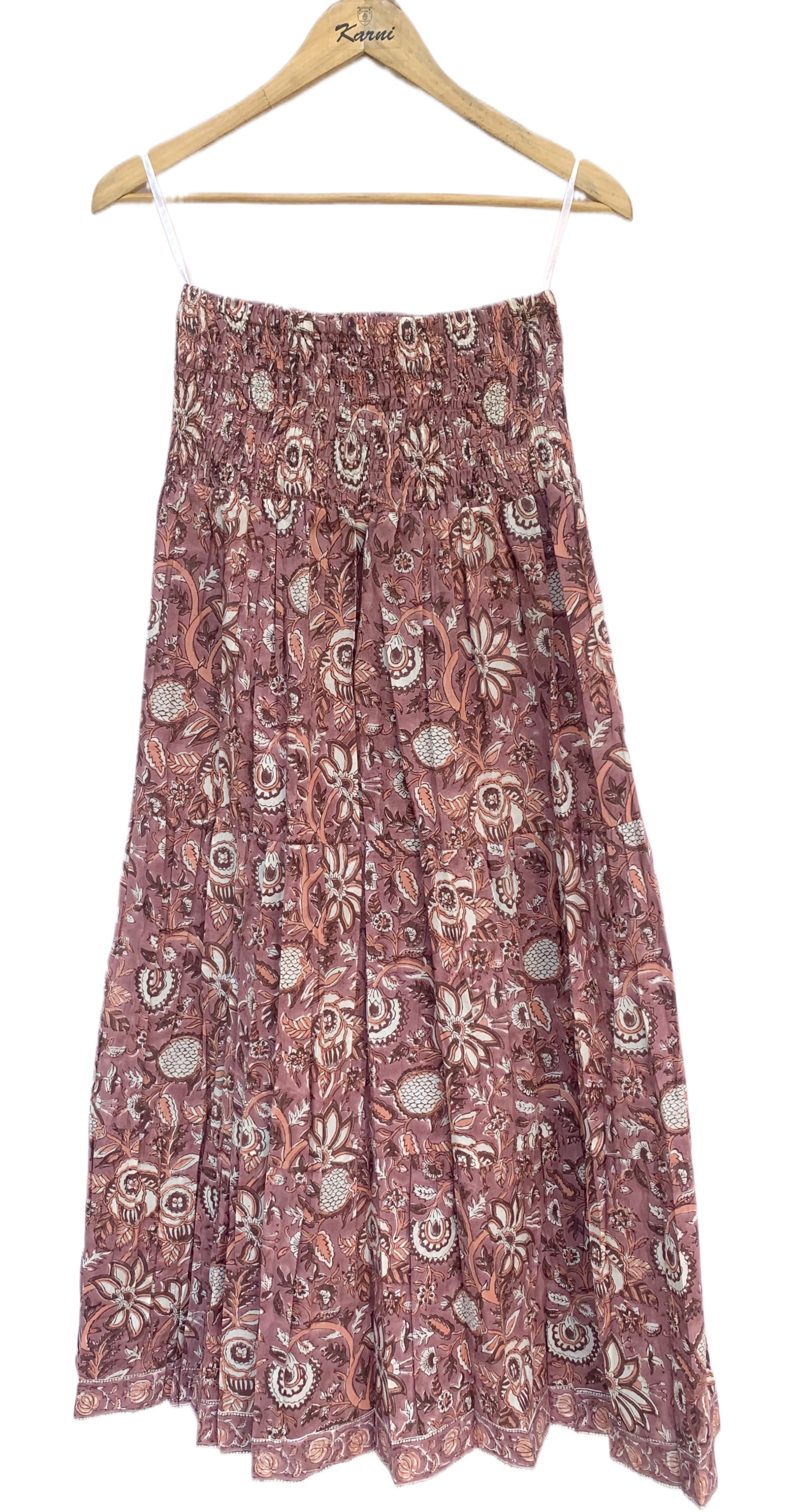 Dusty Rose Floral Hand Block Printed Cotton Maxi Skirt – Smocked Waist Tiered Skirt