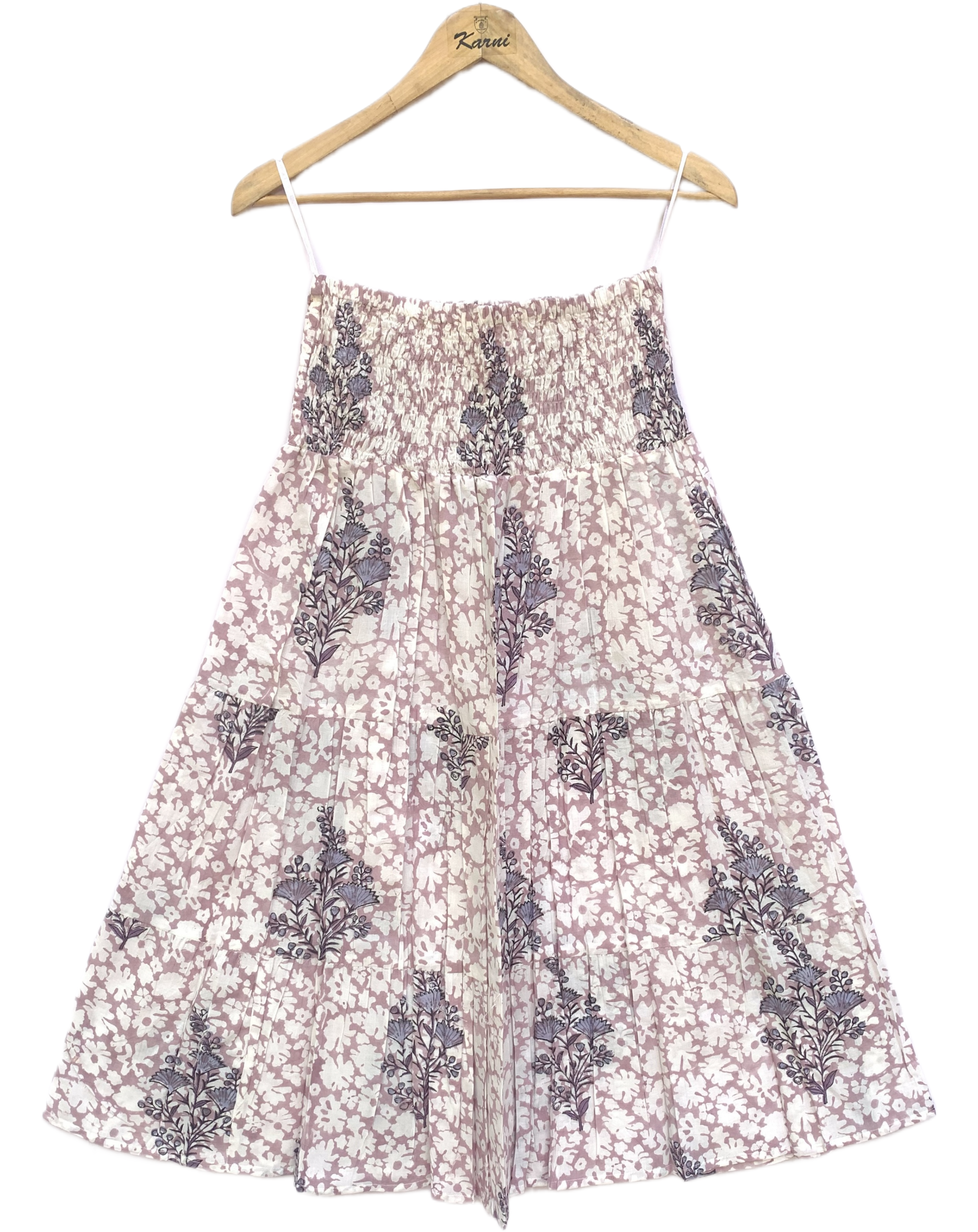 Blush Floral Hand Block Printed Cotton Maxi  Skirt – Smocked Waist Tiered Skirt