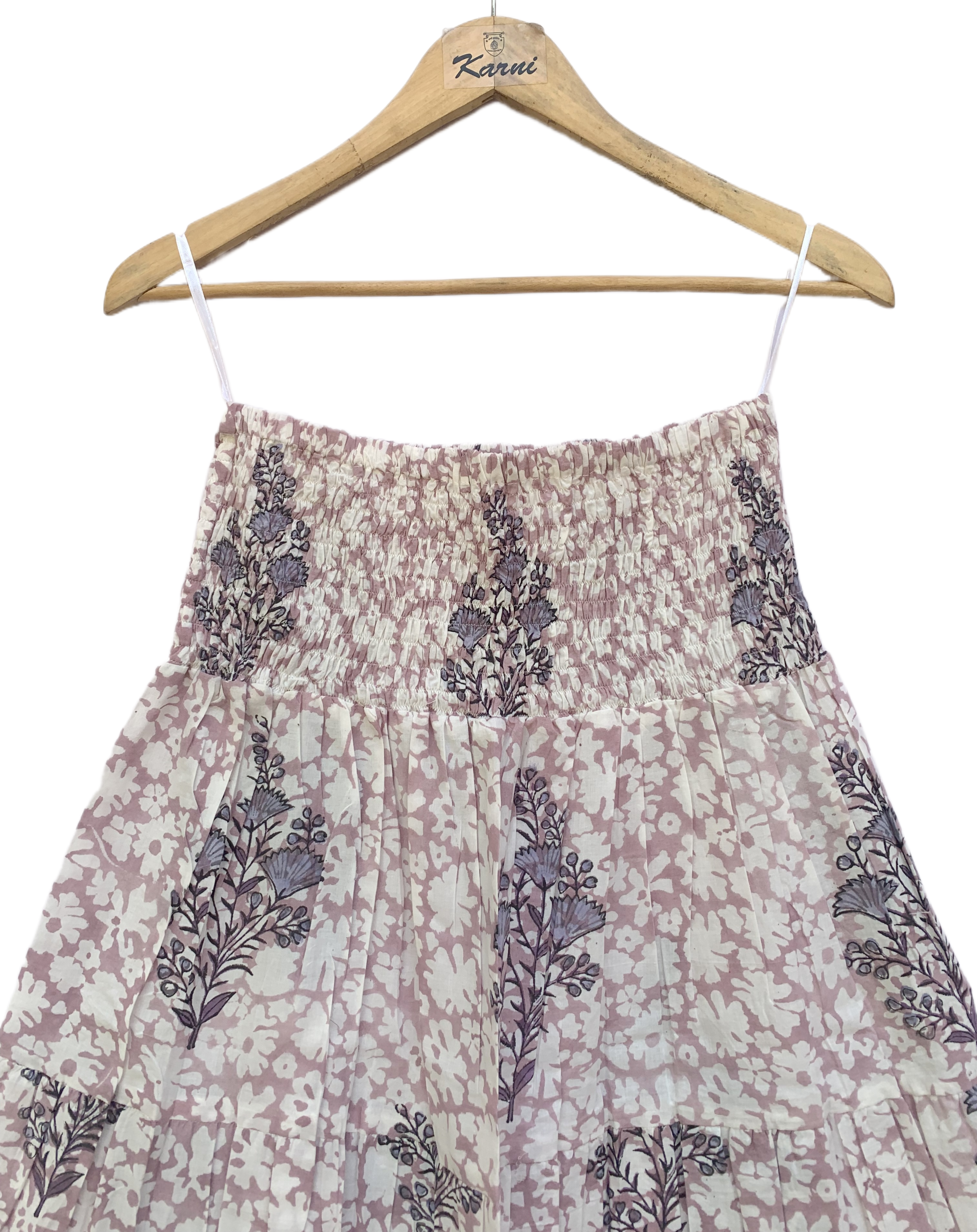 Blush Floral Hand Block Printed Cotton Maxi  Skirt – Smocked Waist Tiered Skirt