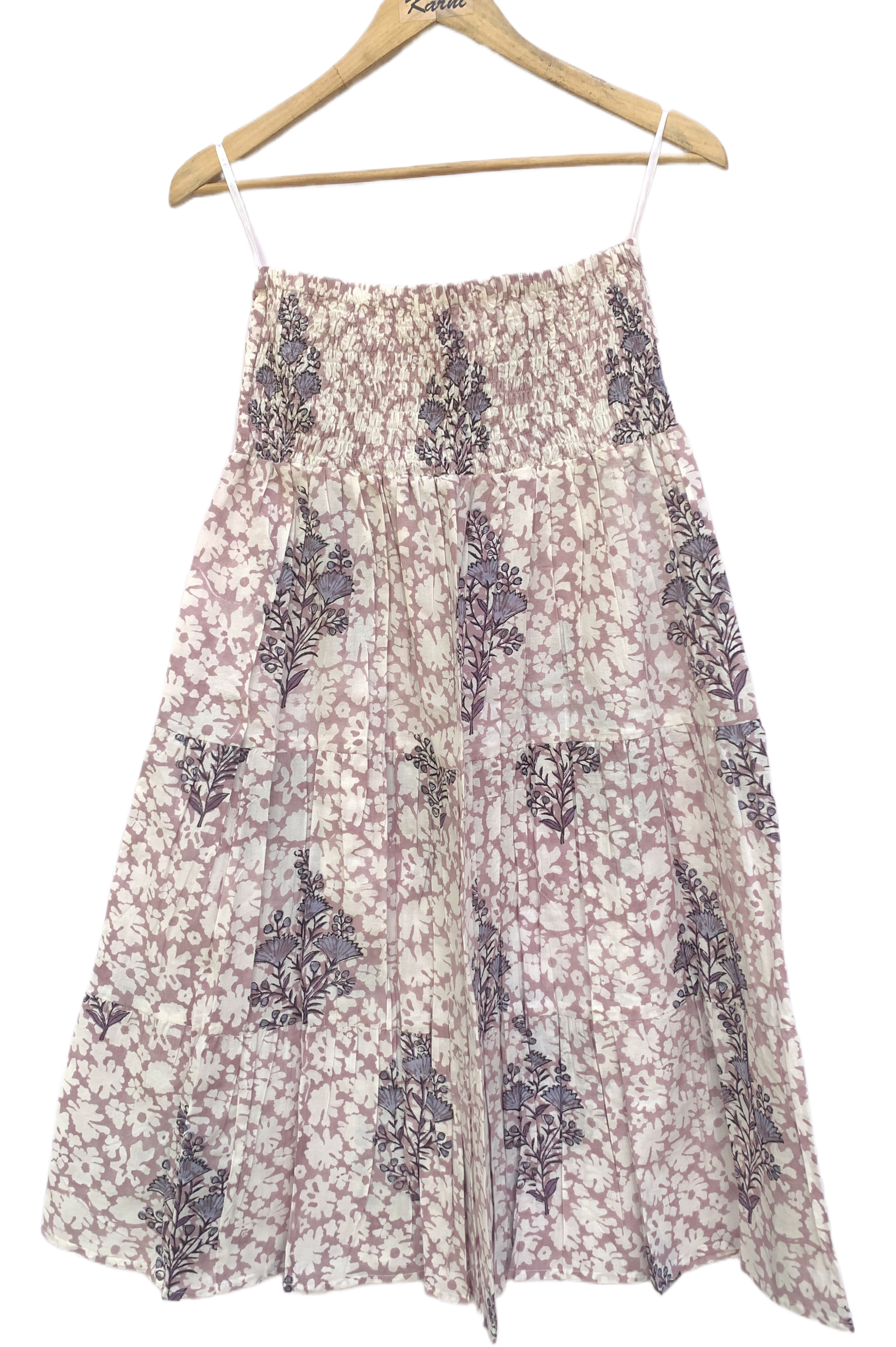 Blush Floral Hand Block Printed Cotton Maxi  Skirt – Smocked Waist Tiered Skirt
