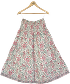Off-White Floral Handcrafted Cotton Tiered Maxi  Skirt – Smocked Waist Boho Skirt