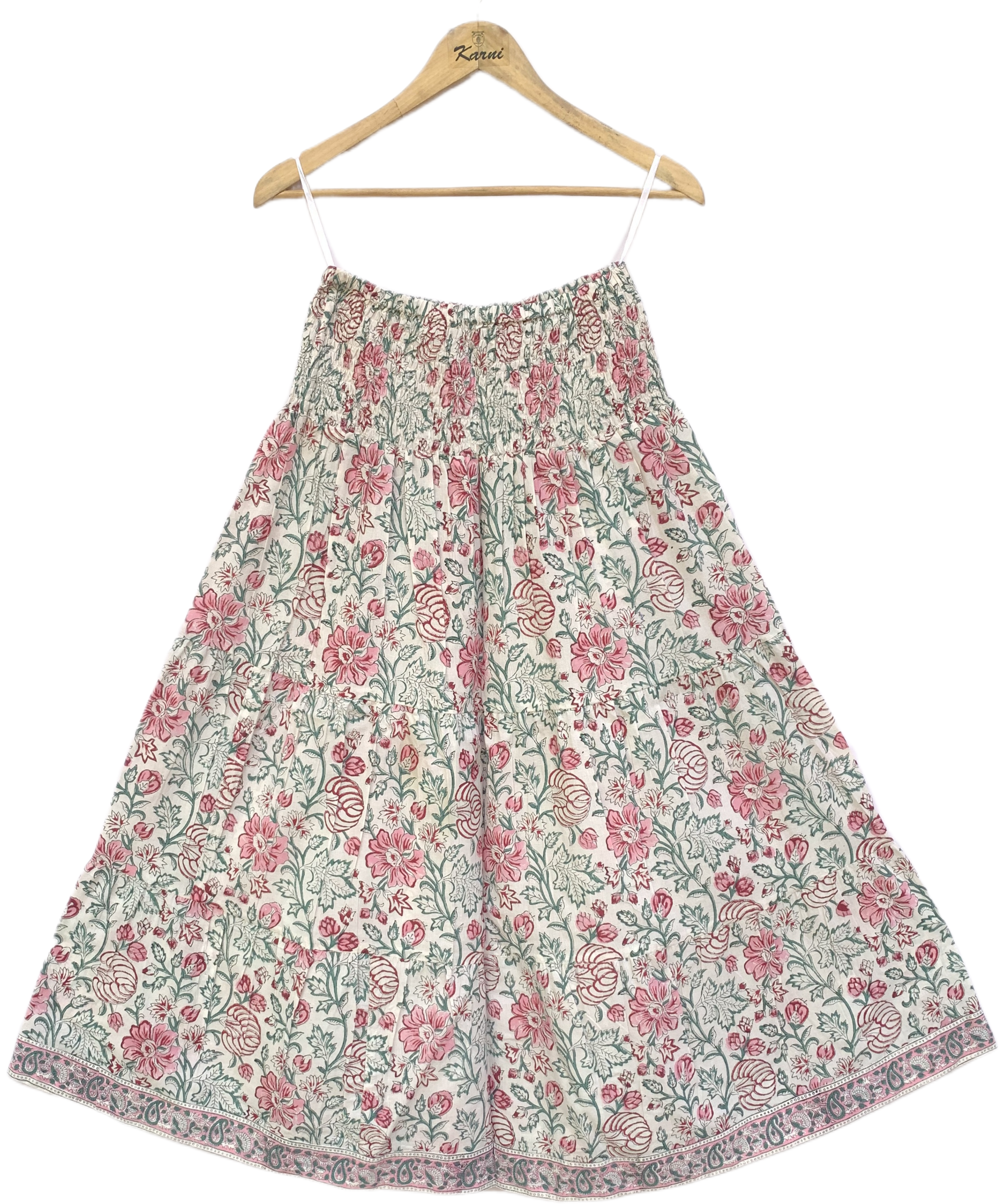 Off-White Floral Handcrafted Cotton Tiered Maxi  Skirt – Smocked Waist Boho Skirt