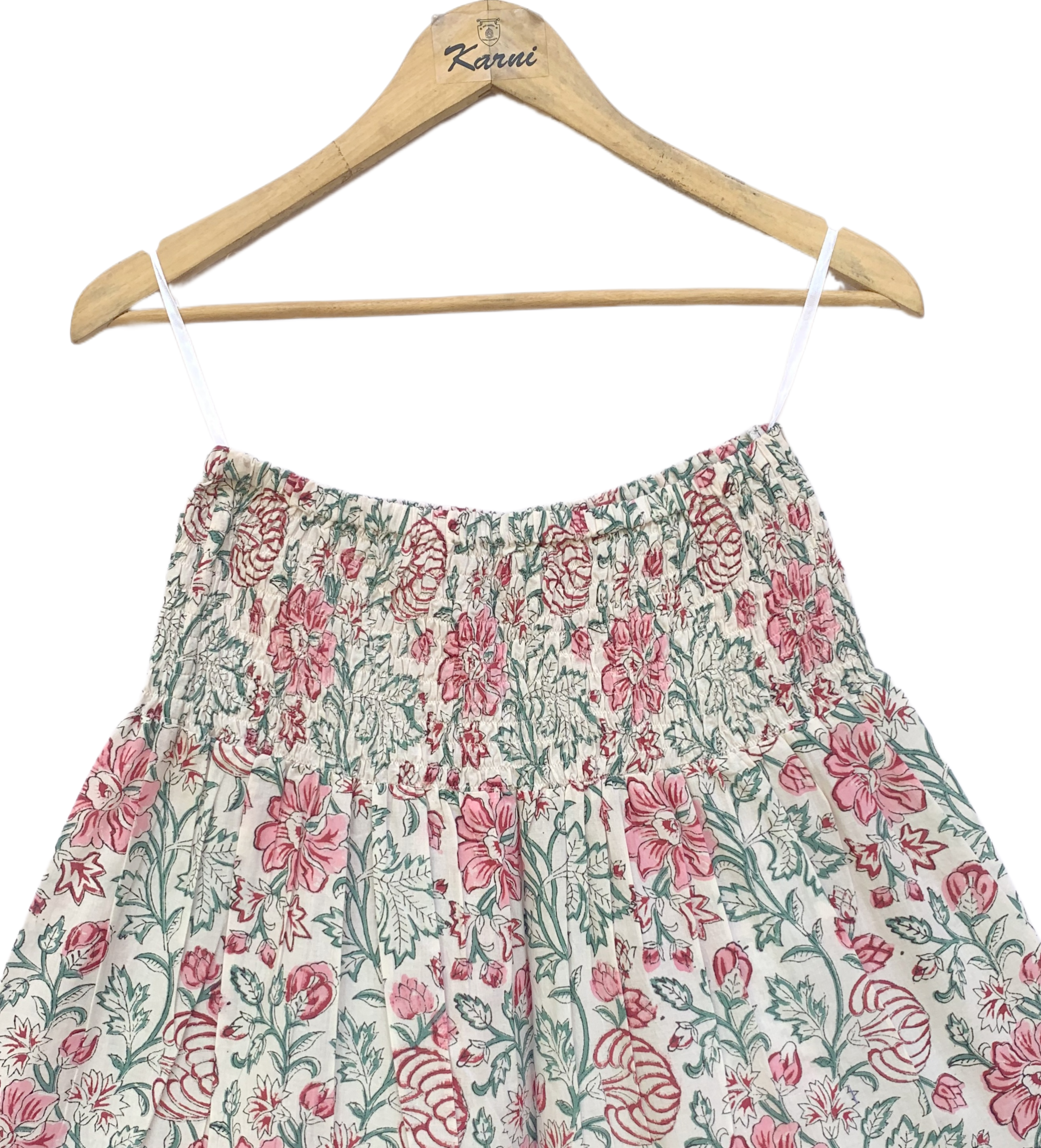 Off-White Floral Handcrafted Cotton Tiered Maxi  Skirt – Smocked Waist Boho Skirt