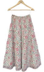 Off-White Floral Handcrafted Cotton Tiered Maxi  Skirt – Smocked Waist Boho Skirt