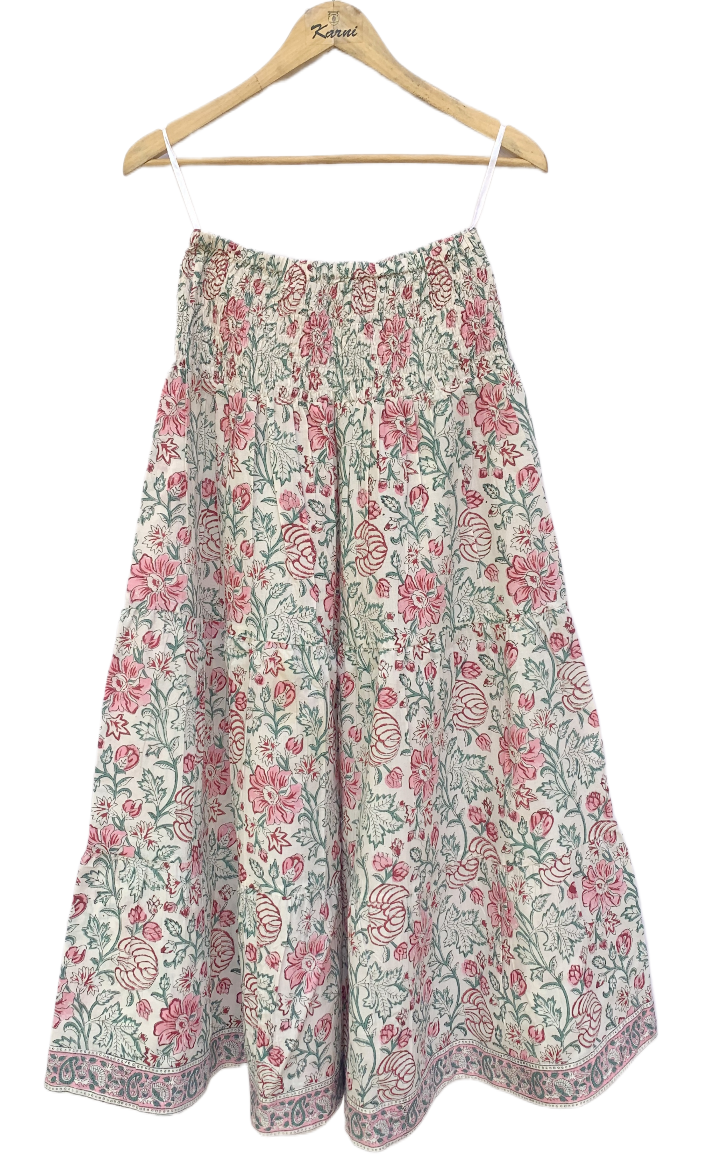Off-White Floral Handcrafted Cotton Tiered Maxi  Skirt – Smocked Waist Boho Skirt