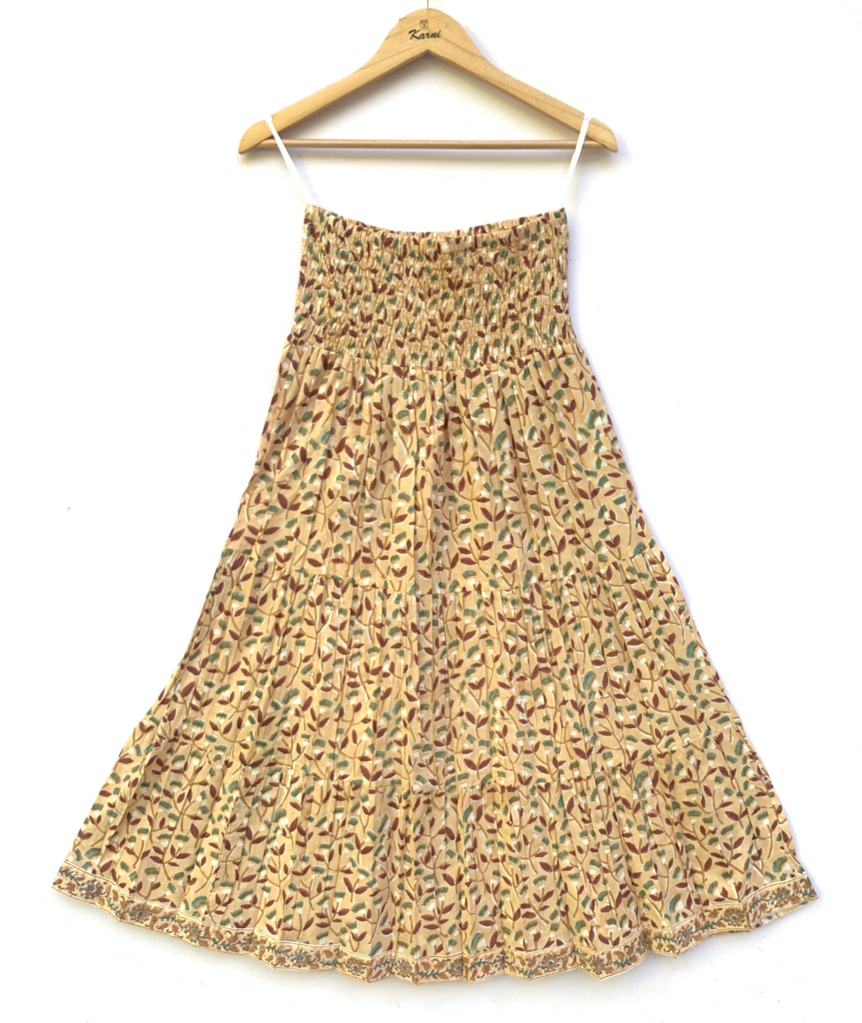 Sand Beige Leaf Hand Block Printed Cotton Maxi Skirt – Smocked Waist Tiered Skirt