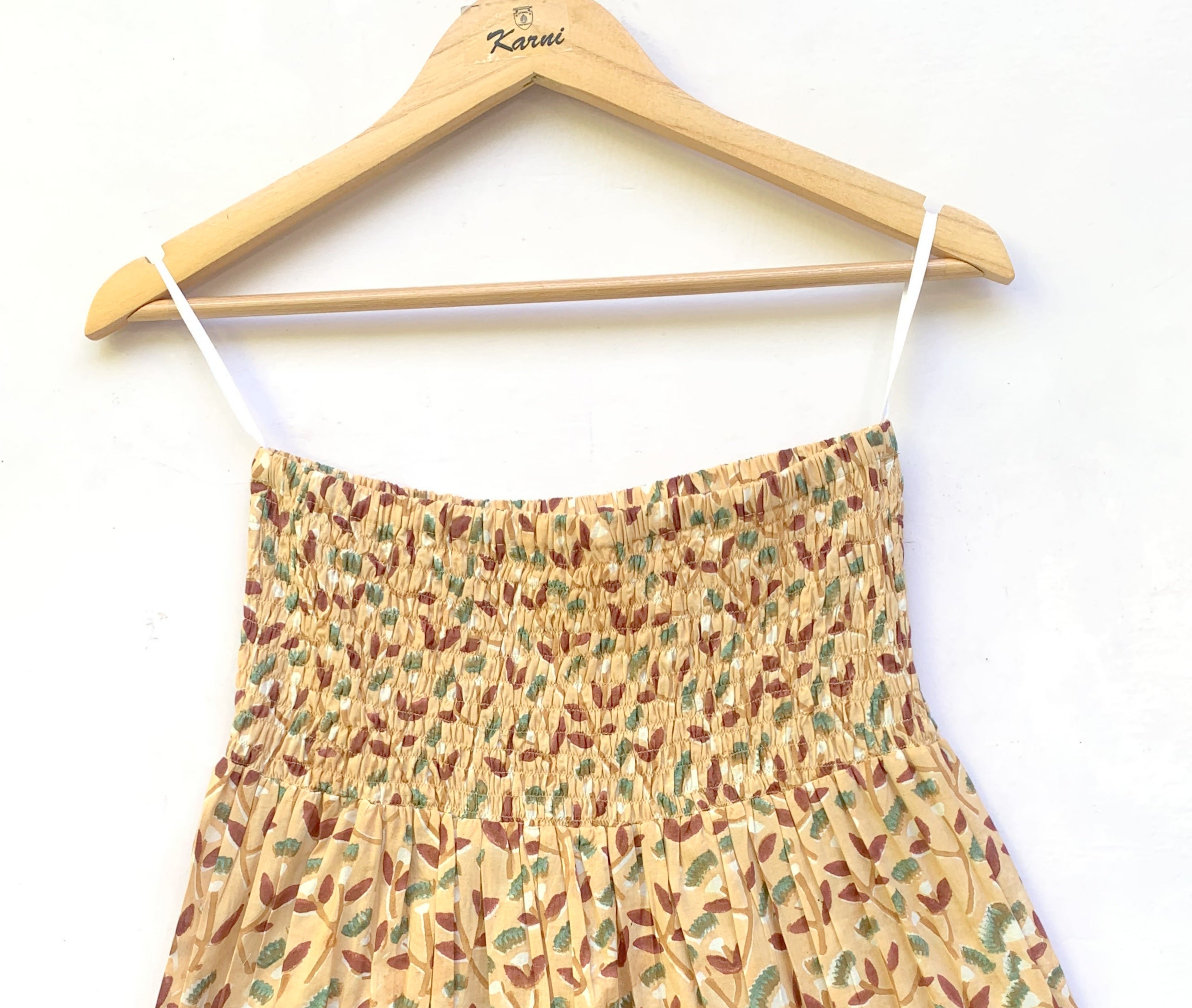 Sand Beige Leaf Hand Block Printed Cotton Maxi Skirt – Smocked Waist Tiered Skirt