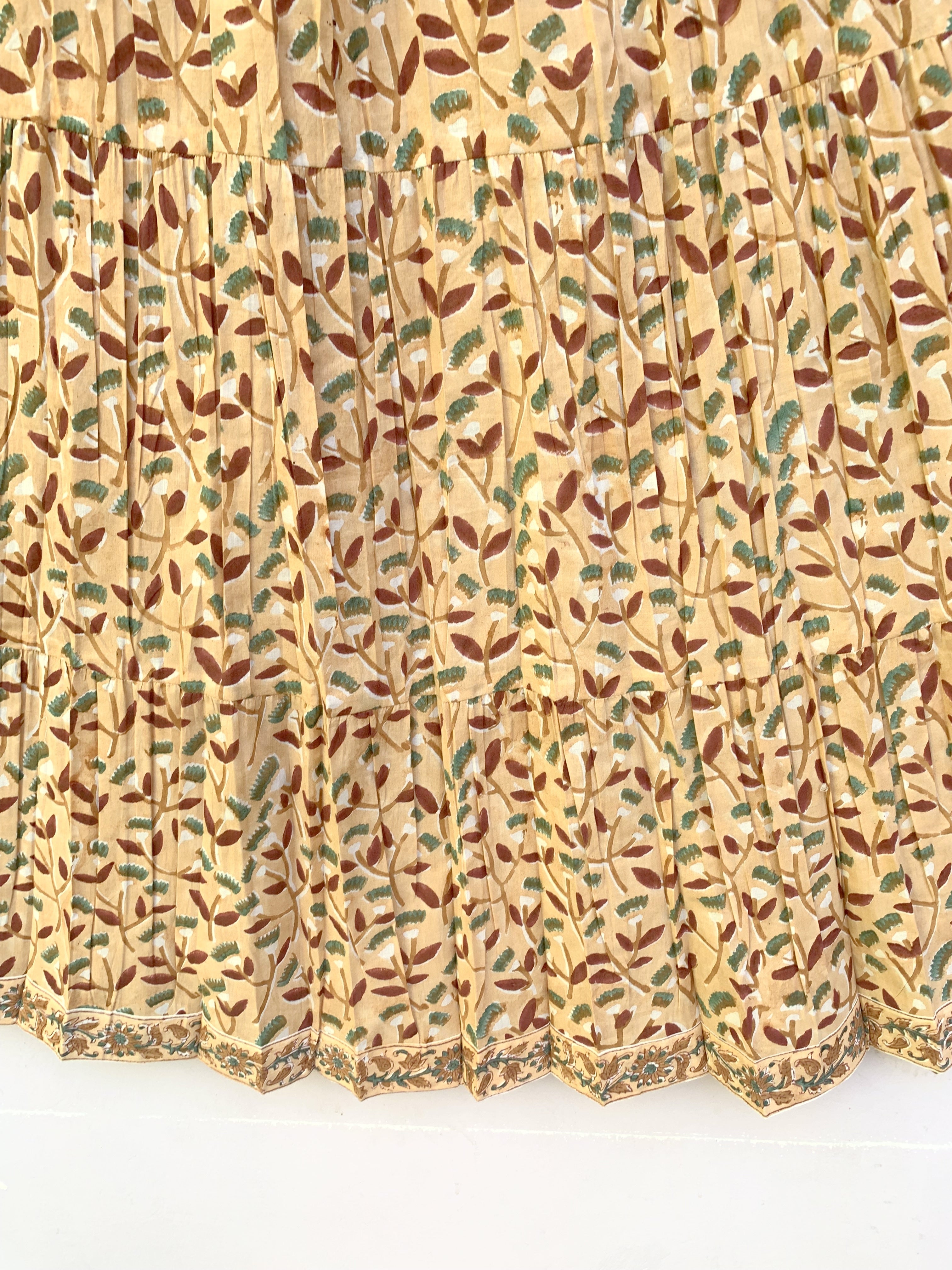 Sand Beige Leaf Hand Block Printed Cotton Maxi Skirt – Smocked Waist Tiered Skirt