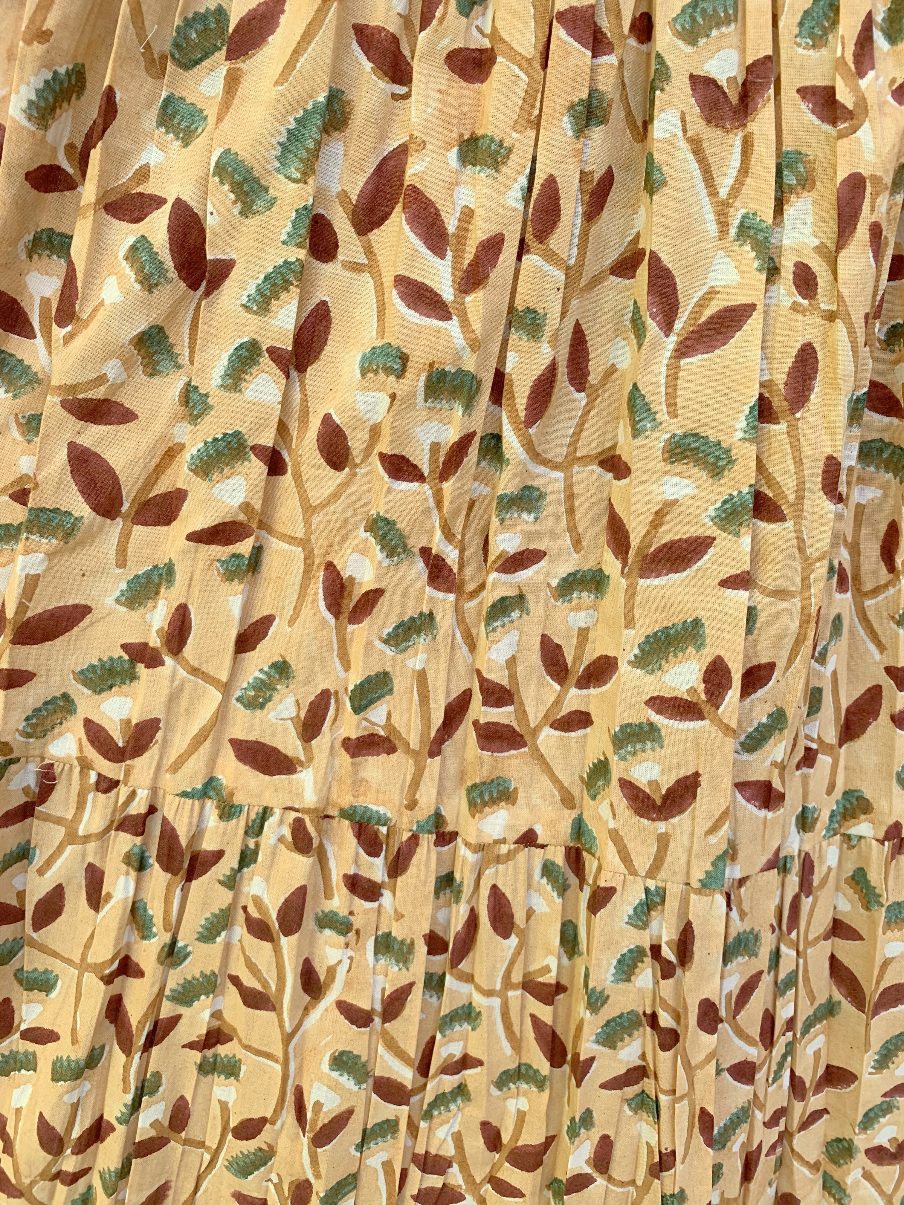 Sand Beige Leaf Hand Block Printed Cotton Maxi Skirt – Smocked Waist Tiered Skirt