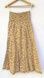 Sand Beige Leaf Hand Block Printed Cotton Maxi Skirt – Smocked Waist Tiered Skirt