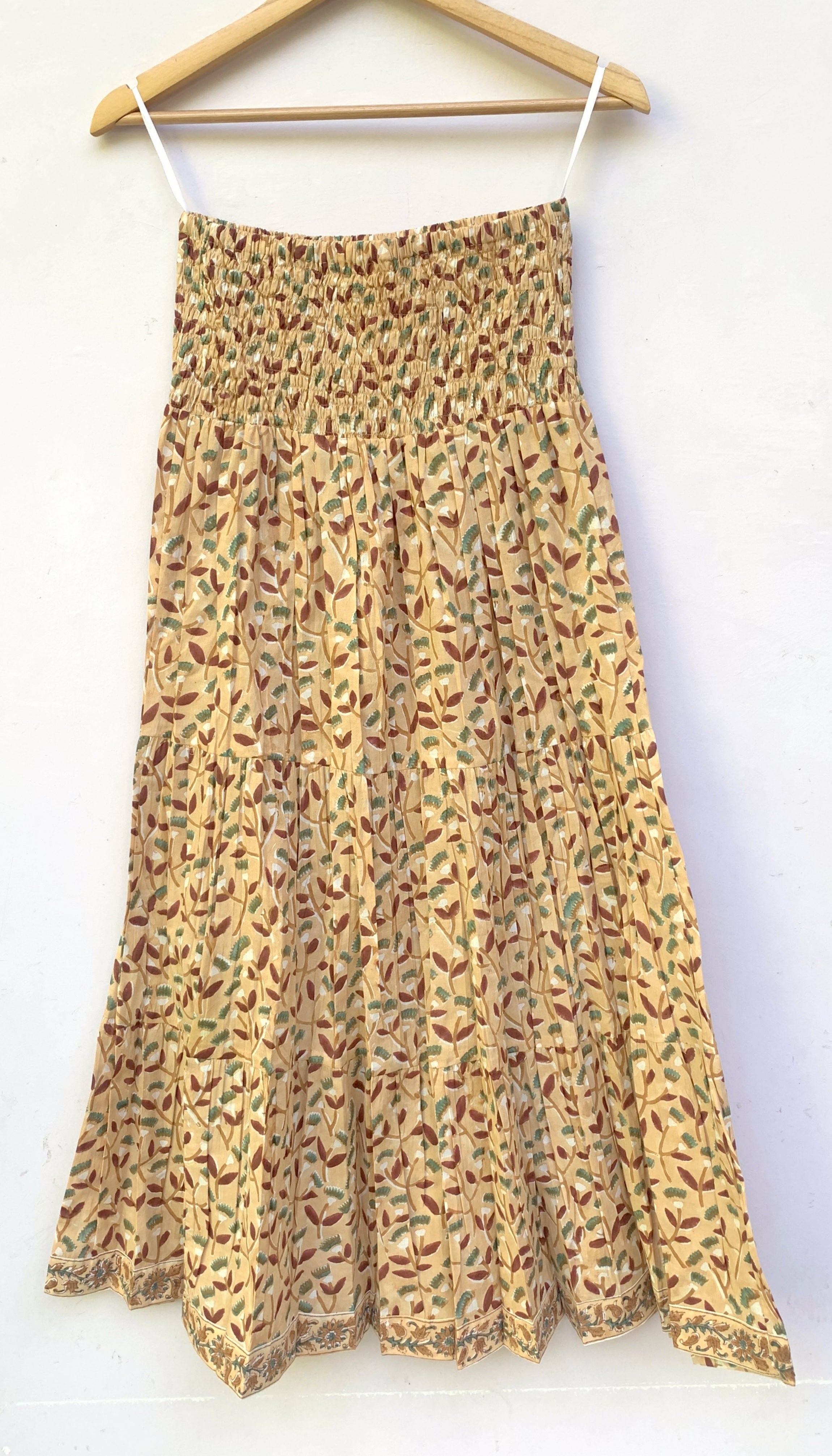 Sand Beige Leaf Hand Block Printed Cotton Maxi Skirt – Smocked Waist Tiered Skirt