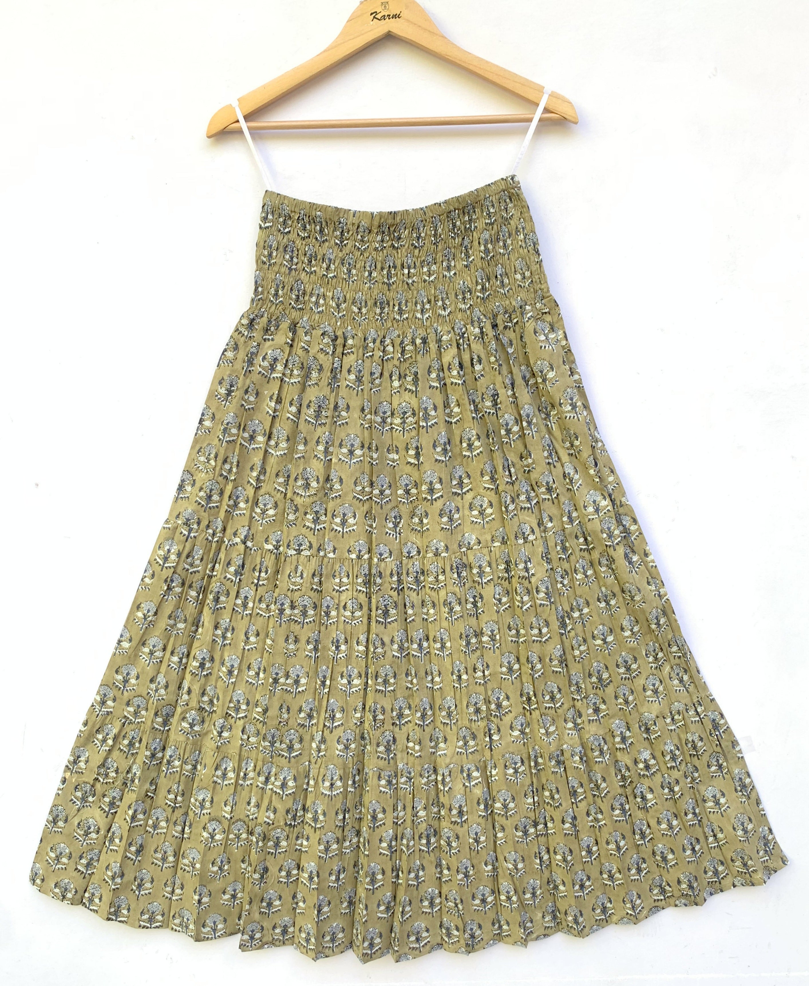 Olive Buti Hand Block Printed Cotton Maxi Skirt – Smocked Waist Tiered Skirt