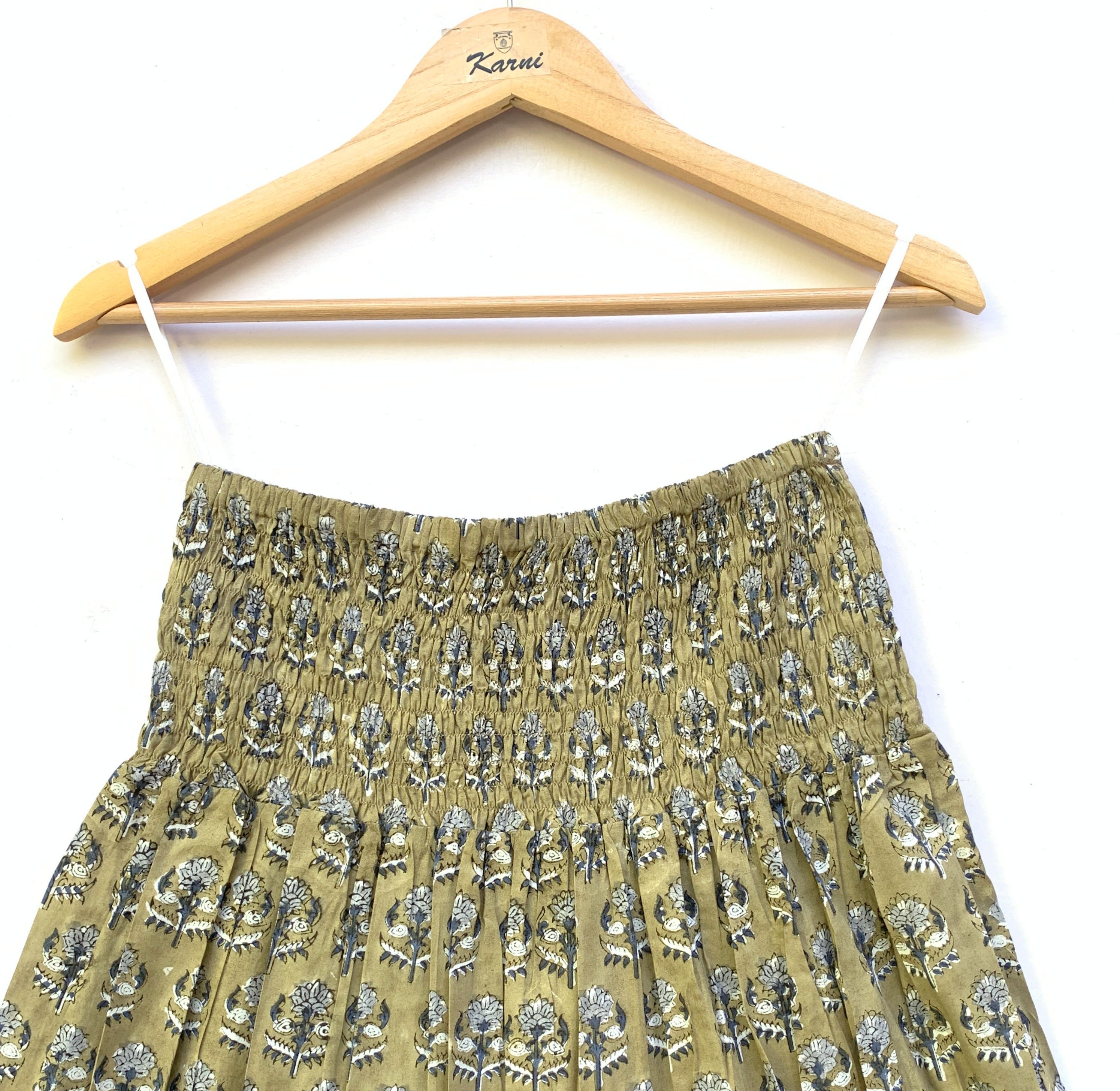 Olive Buti Hand Block Printed Cotton Maxi Skirt – Smocked Waist Tiered Skirt