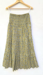 Olive Buti Hand Block Printed Cotton Maxi Skirt – Smocked Waist Tiered Skirt