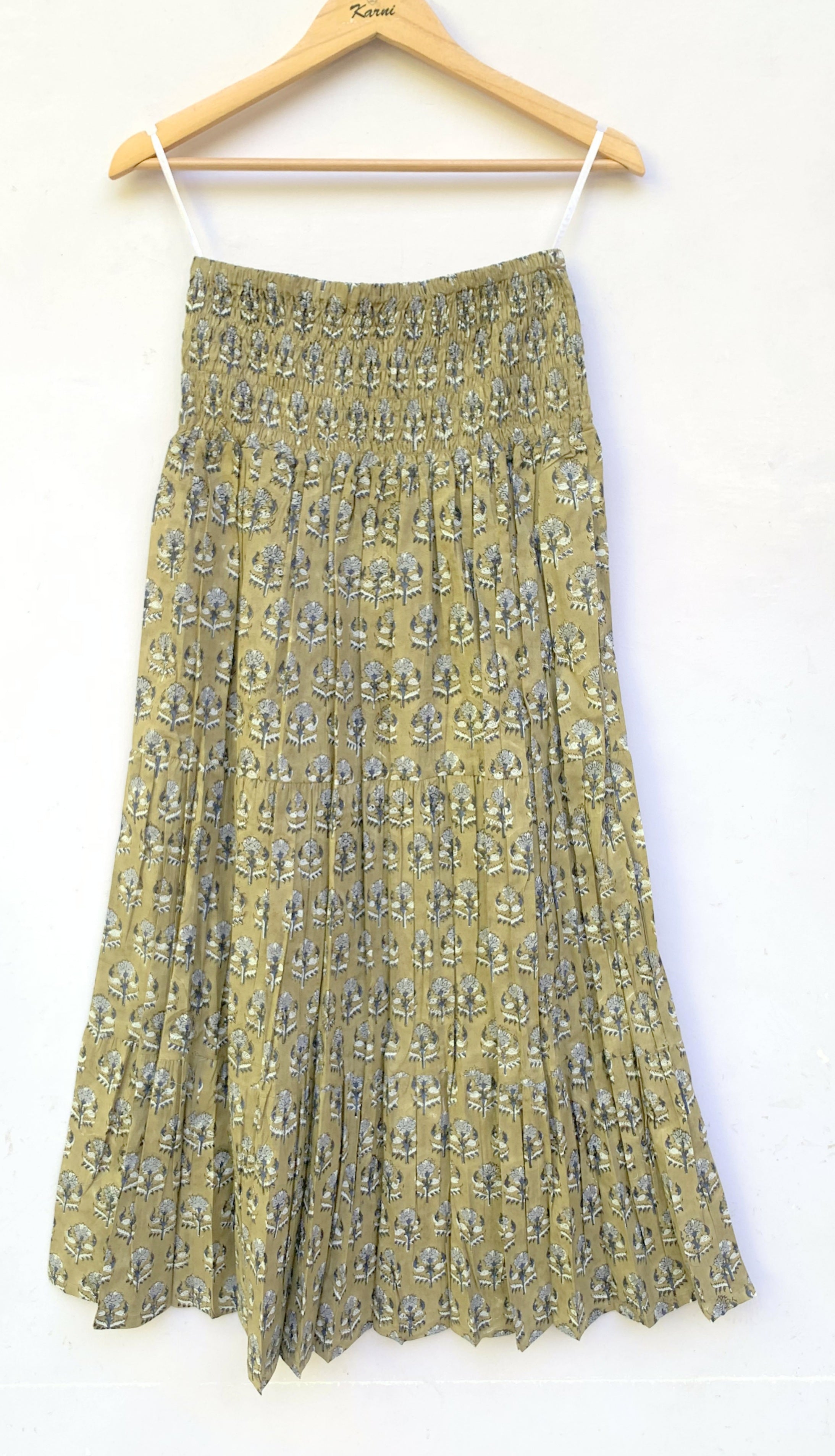 Olive Buti Hand Block Printed Cotton Maxi Skirt – Smocked Waist Tiered Skirt