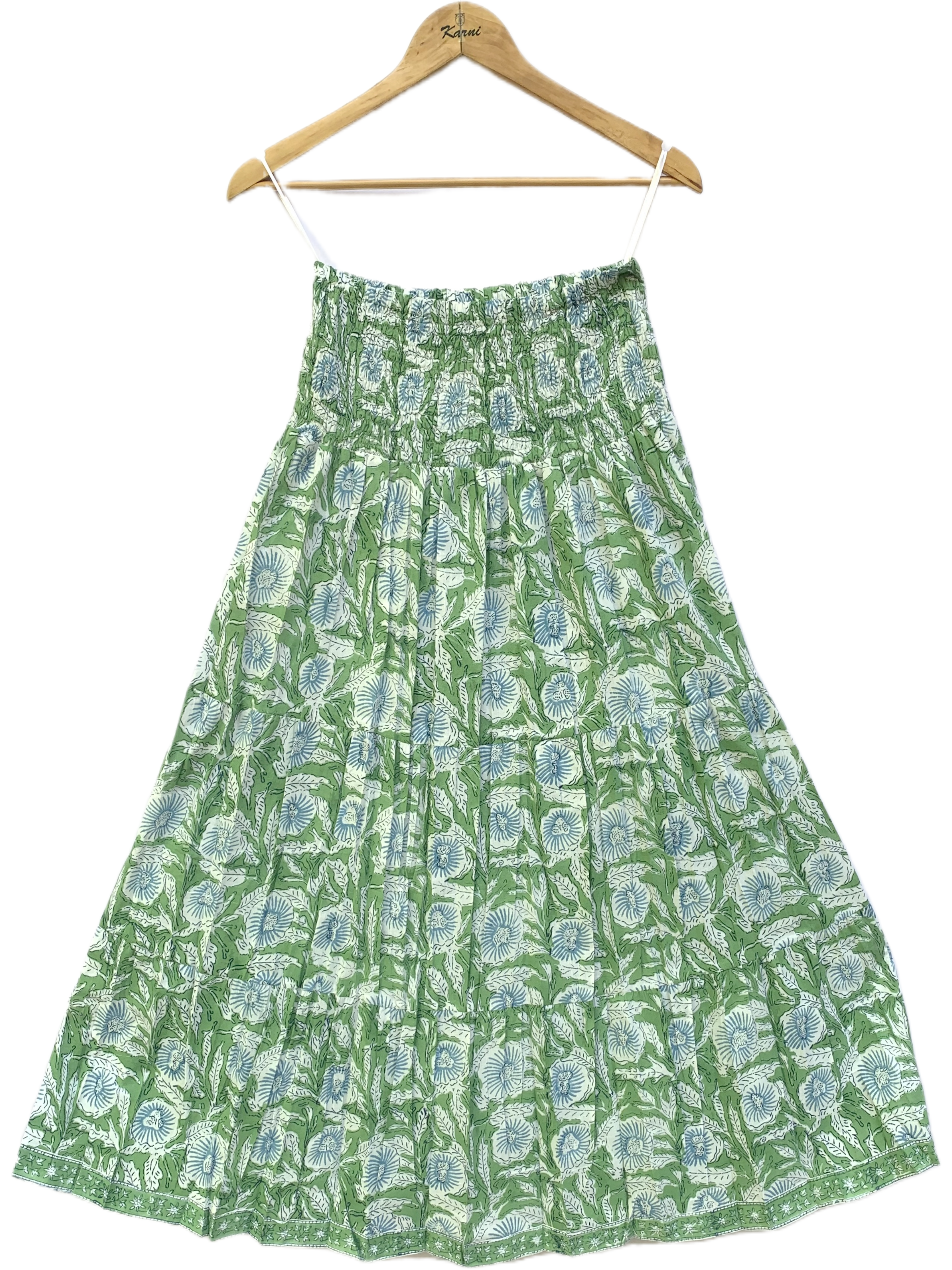 Meadow Green Floral Hand Block Printed Cotton Maxi Skirt – Smocked Waist Tiered Skirt