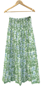 Meadow Green Floral Hand Block Printed Cotton Maxi Skirt – Smocked Waist Tiered Skirt
