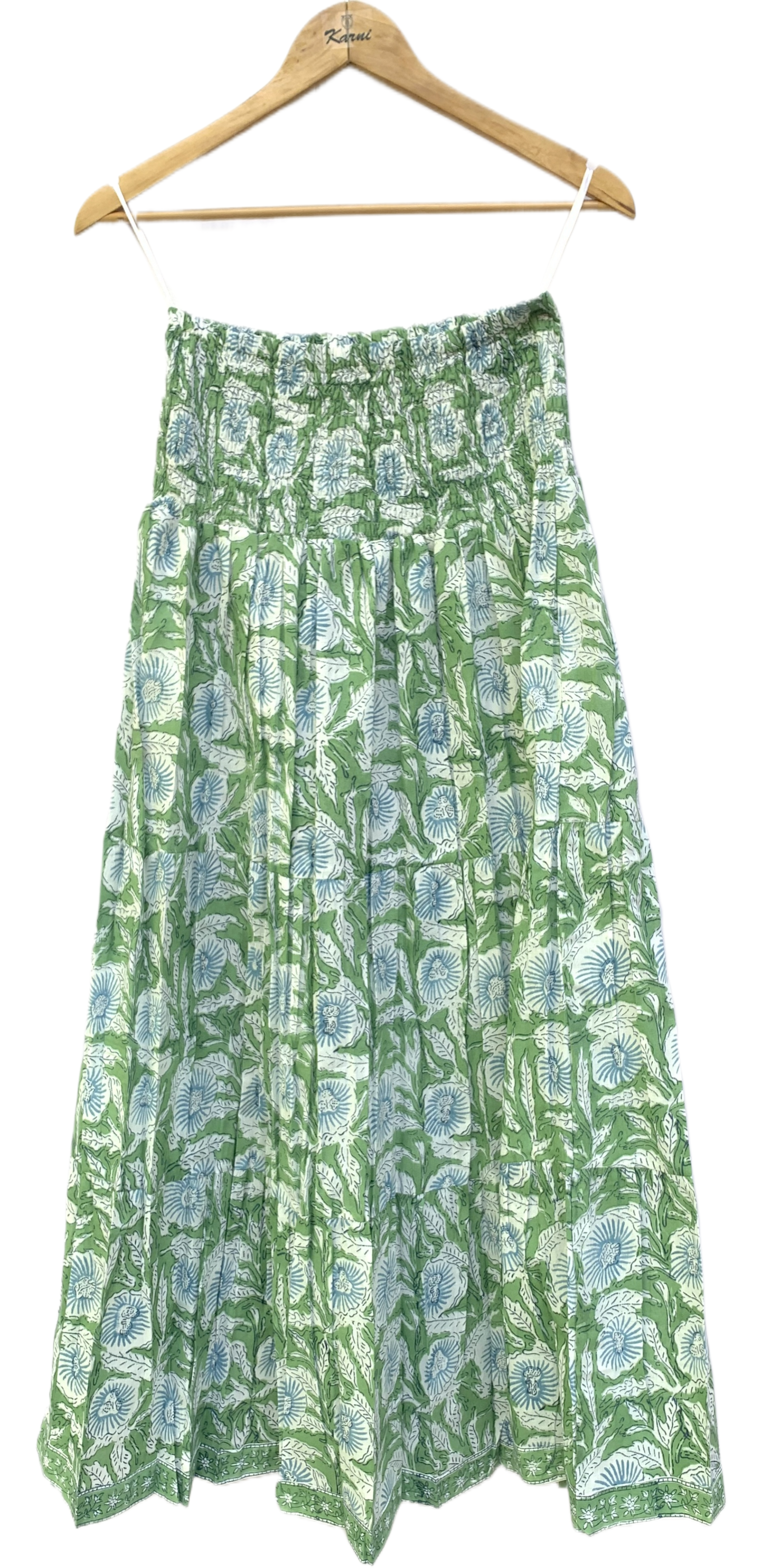 Meadow Green Floral Hand Block Printed Cotton Maxi Skirt – Smocked Waist Tiered Skirt