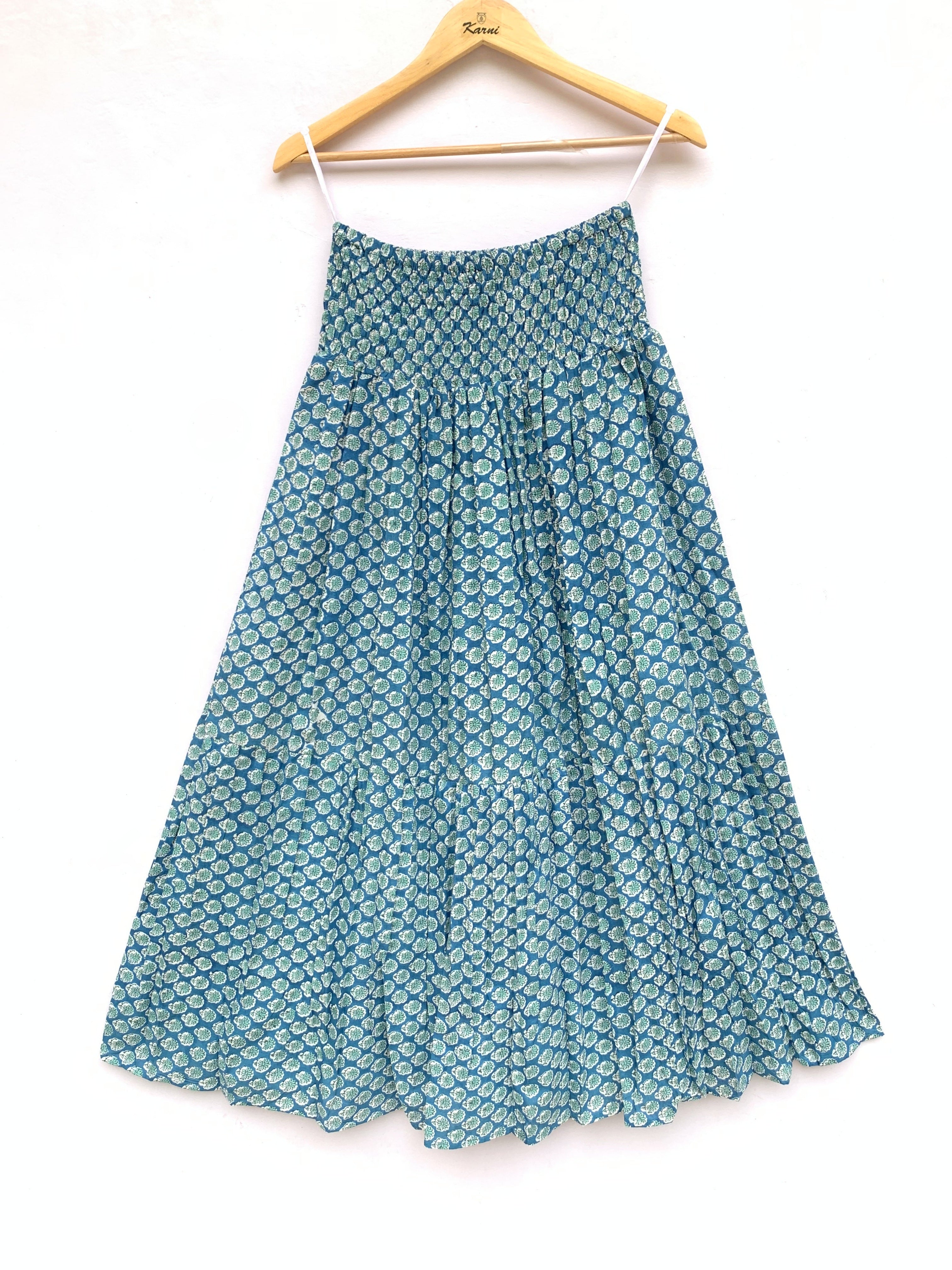 Teal Buti Hand Block Printed Cotton Maxi Skirt – Smocked Waist Tiered Skirt