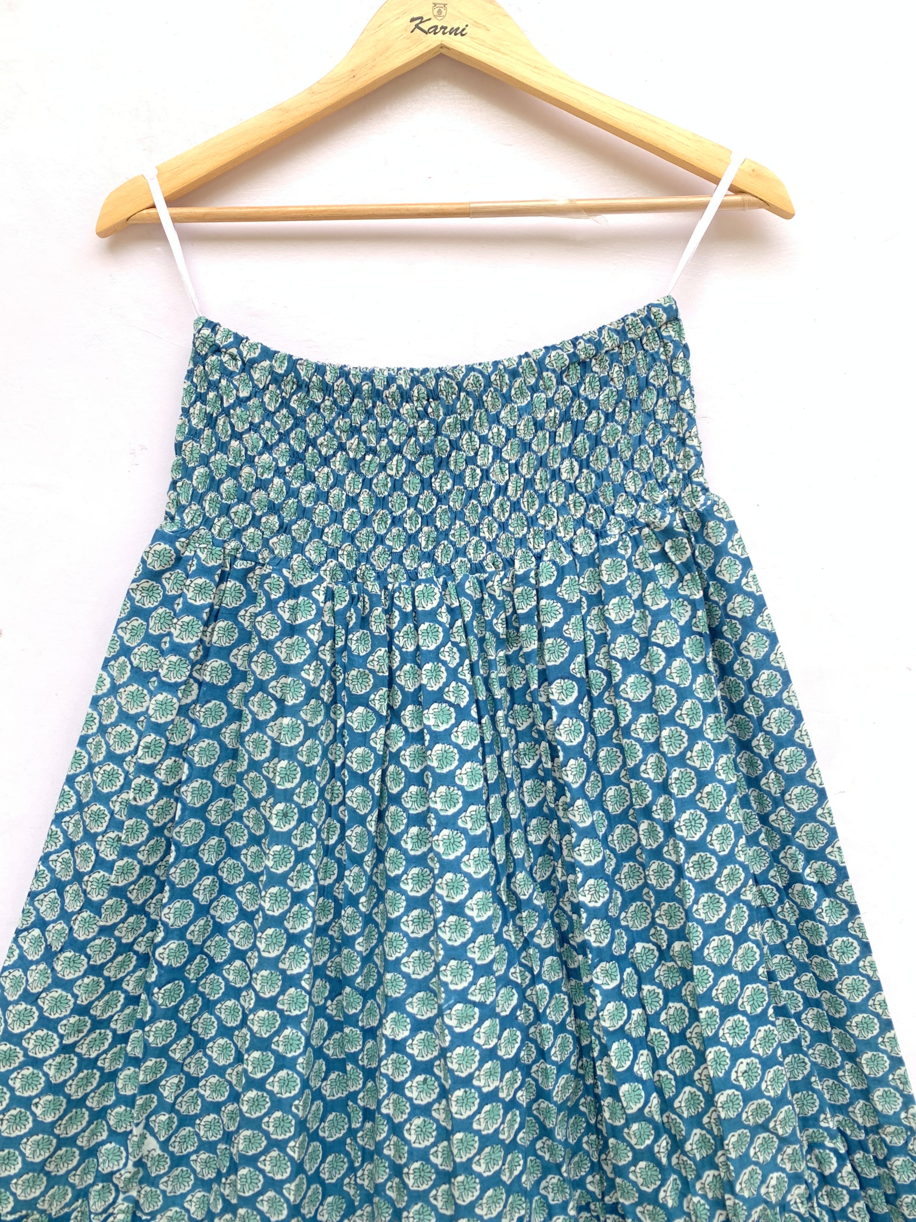 Teal Buti Hand Block Printed Cotton Maxi Skirt – Smocked Waist Tiered Skirt