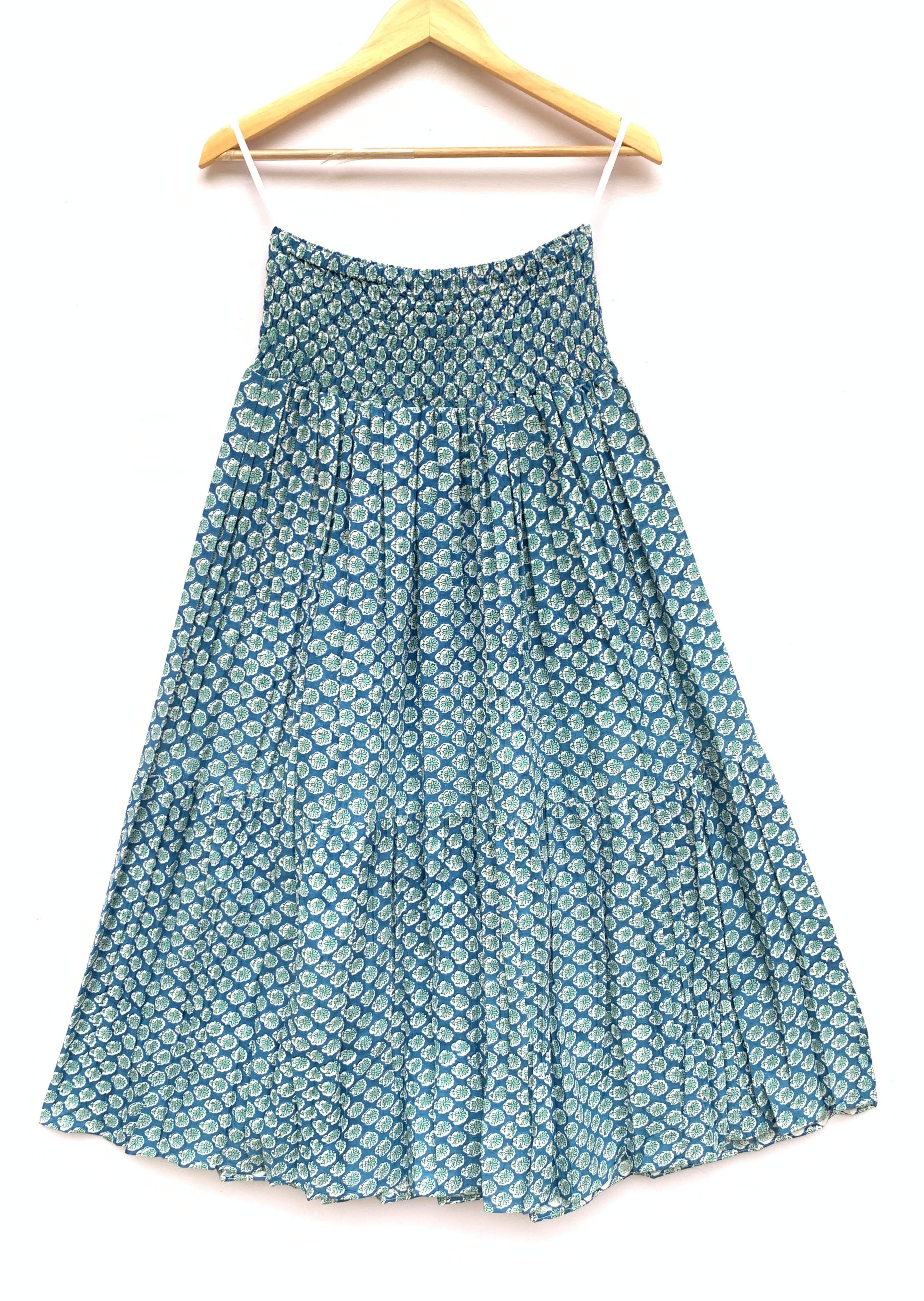 Teal Buti Hand Block Printed Cotton Maxi Skirt – Smocked Waist Tiered Skirt