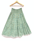 Mint Bloom Hand Block Printed Cotton Maxi Skirt – Smocked Waist Tiered Skirt
