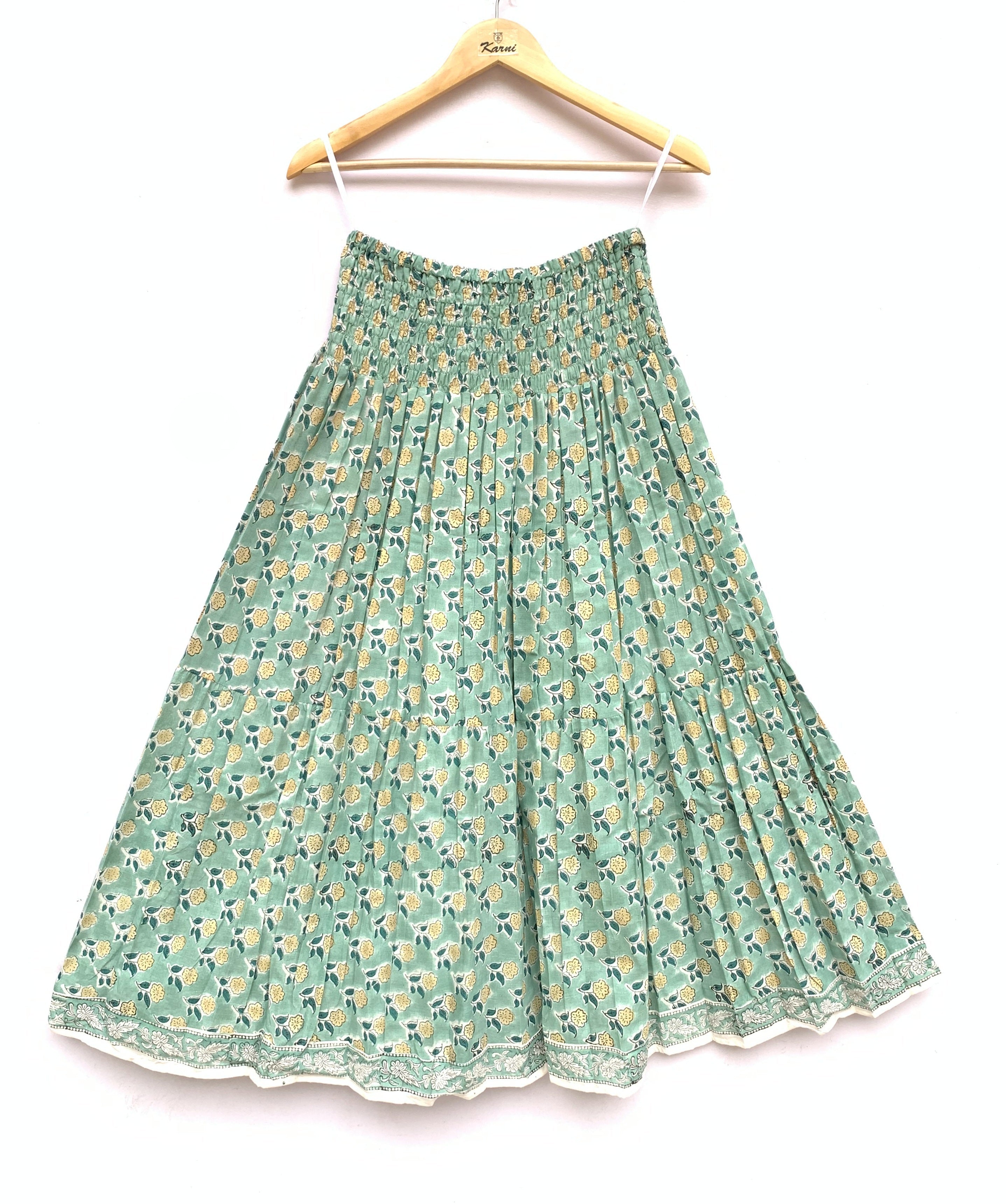 Mint Bloom Hand Block Printed Cotton Maxi Skirt – Smocked Waist Tiered Skirt
