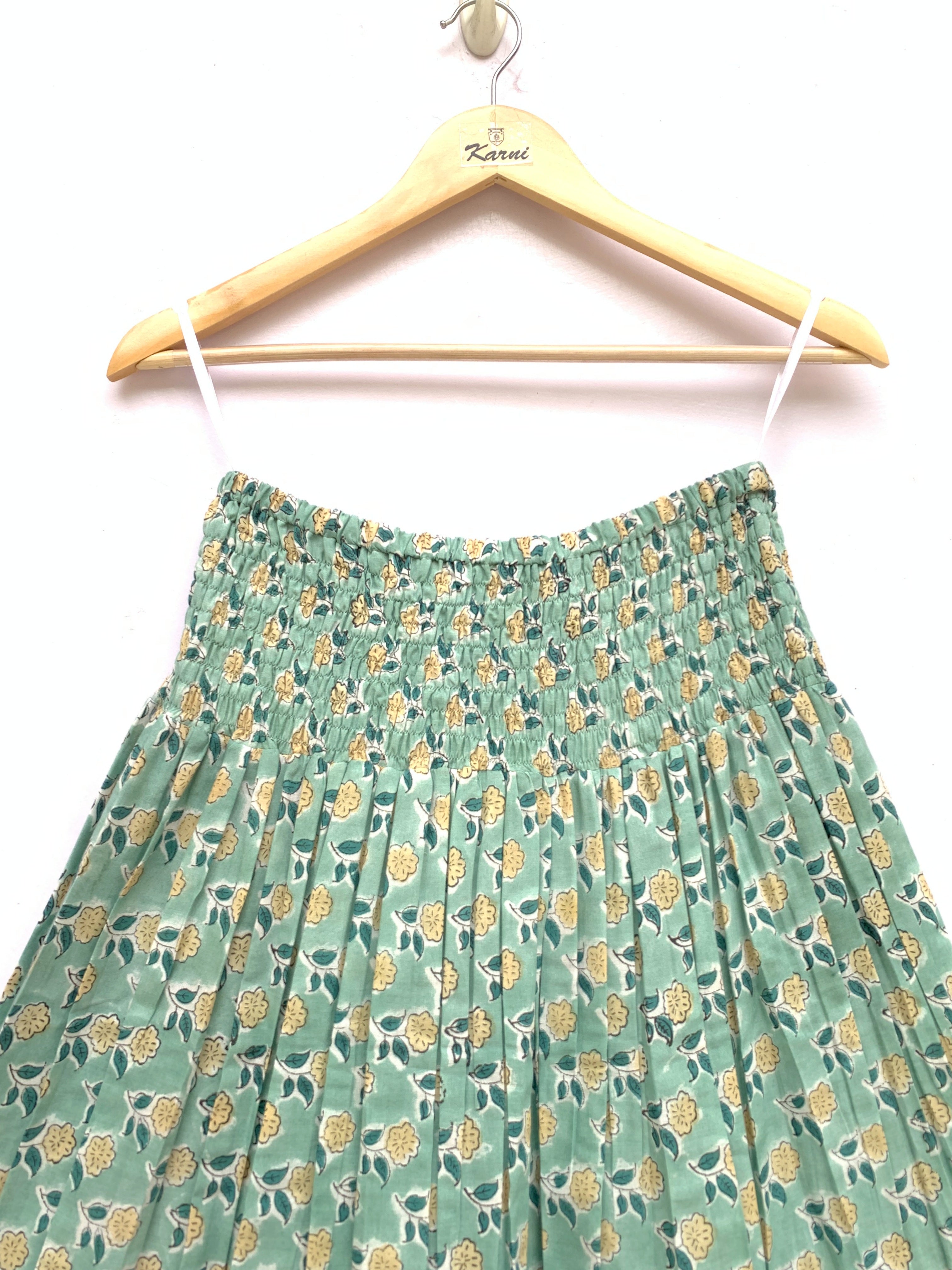 Mint Bloom Hand Block Printed Cotton Maxi Skirt – Smocked Waist Tiered Skirt