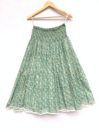 Mint Bloom Hand Block Printed Cotton Maxi Skirt – Smocked Waist Tiered Skirt