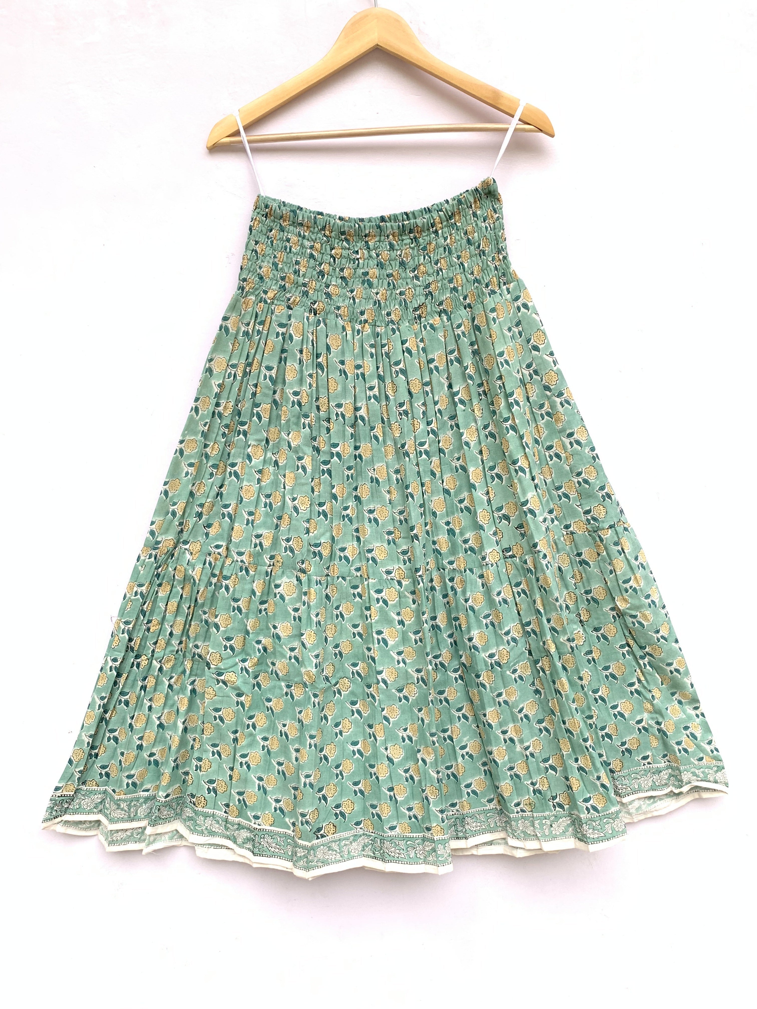 Mint Bloom Hand Block Printed Cotton Maxi Skirt – Smocked Waist Tiered Skirt
