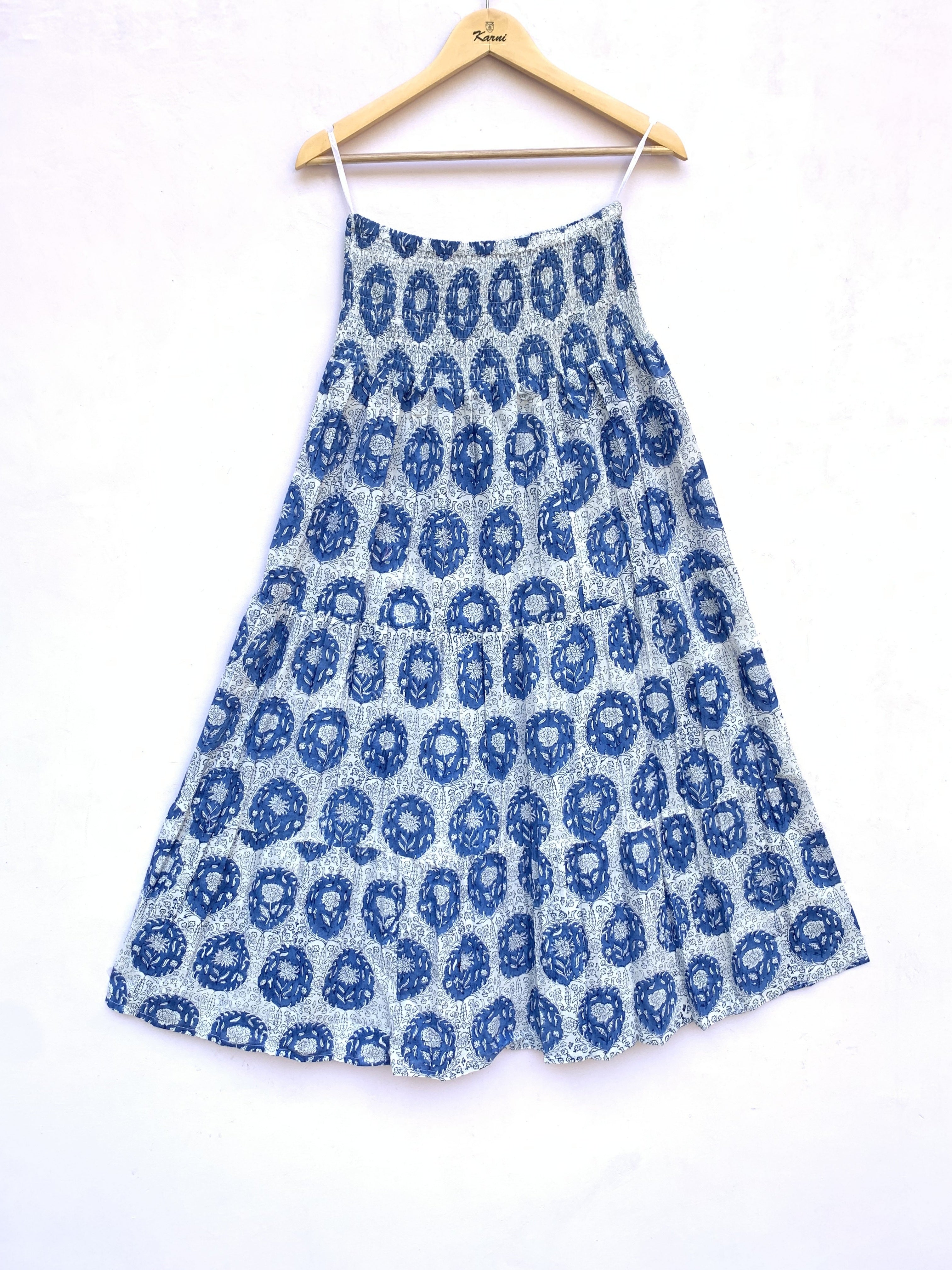 Indigo Buta Hand Block Printed Cotton Maxi Skirt – Smocked Waist Tiered Skirt
