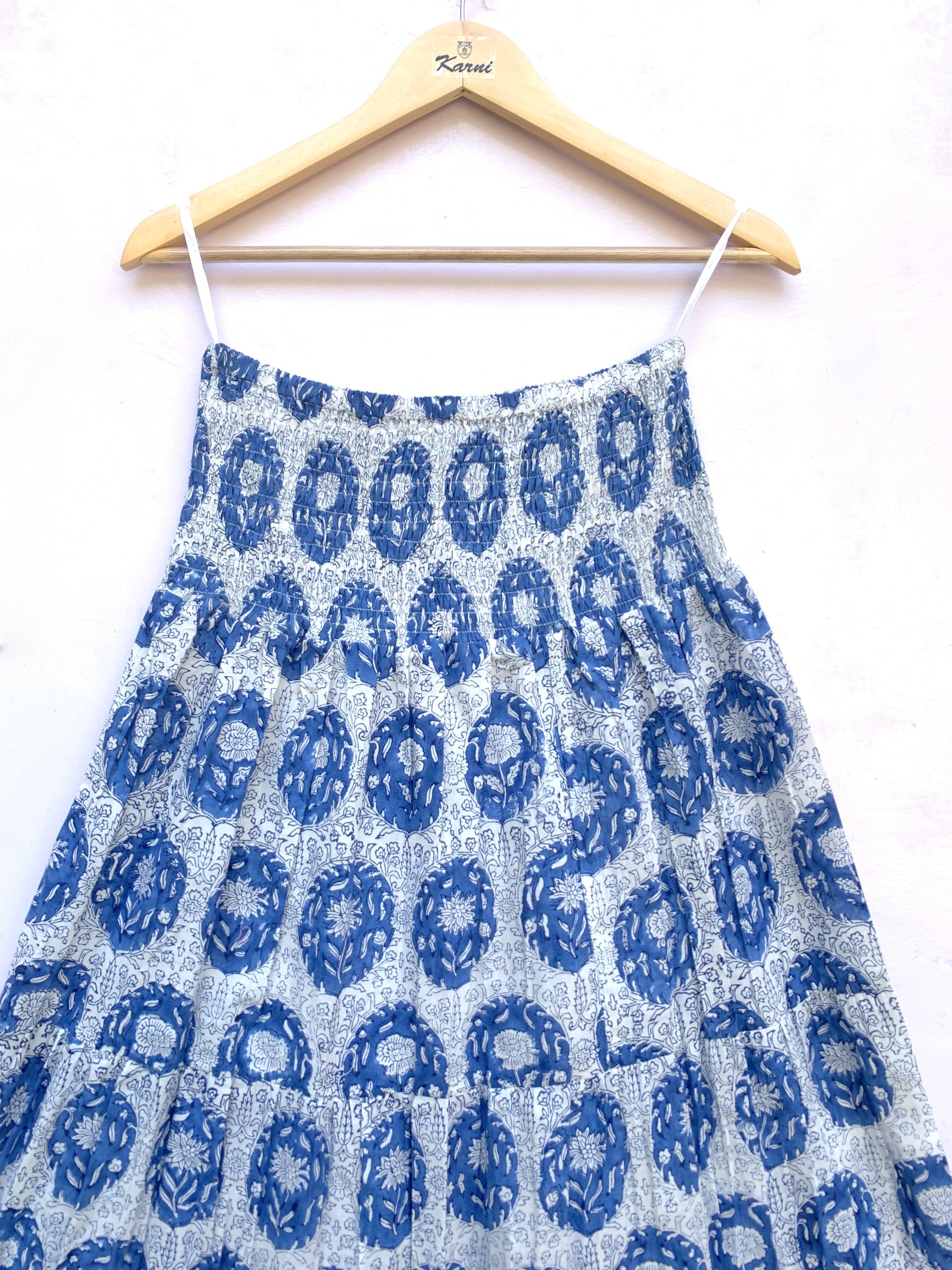 Indigo Buta Hand Block Printed Cotton Maxi Skirt – Smocked Waist Tiered Skirt