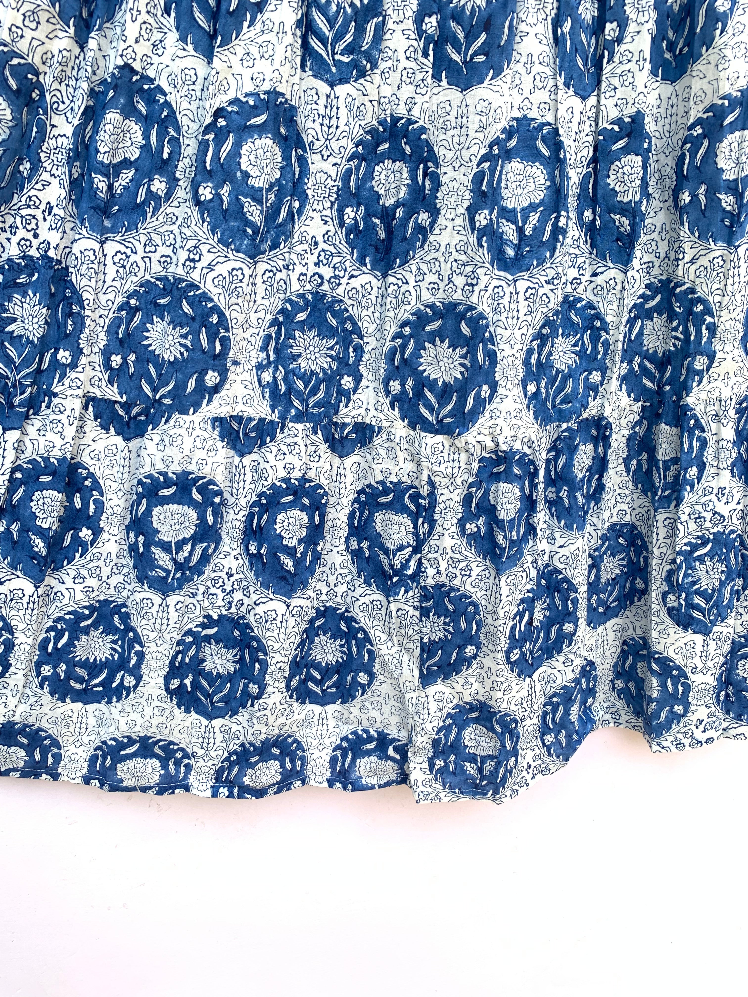 Indigo Buta Hand Block Printed Cotton Maxi Skirt – Smocked Waist Tiered Skirt