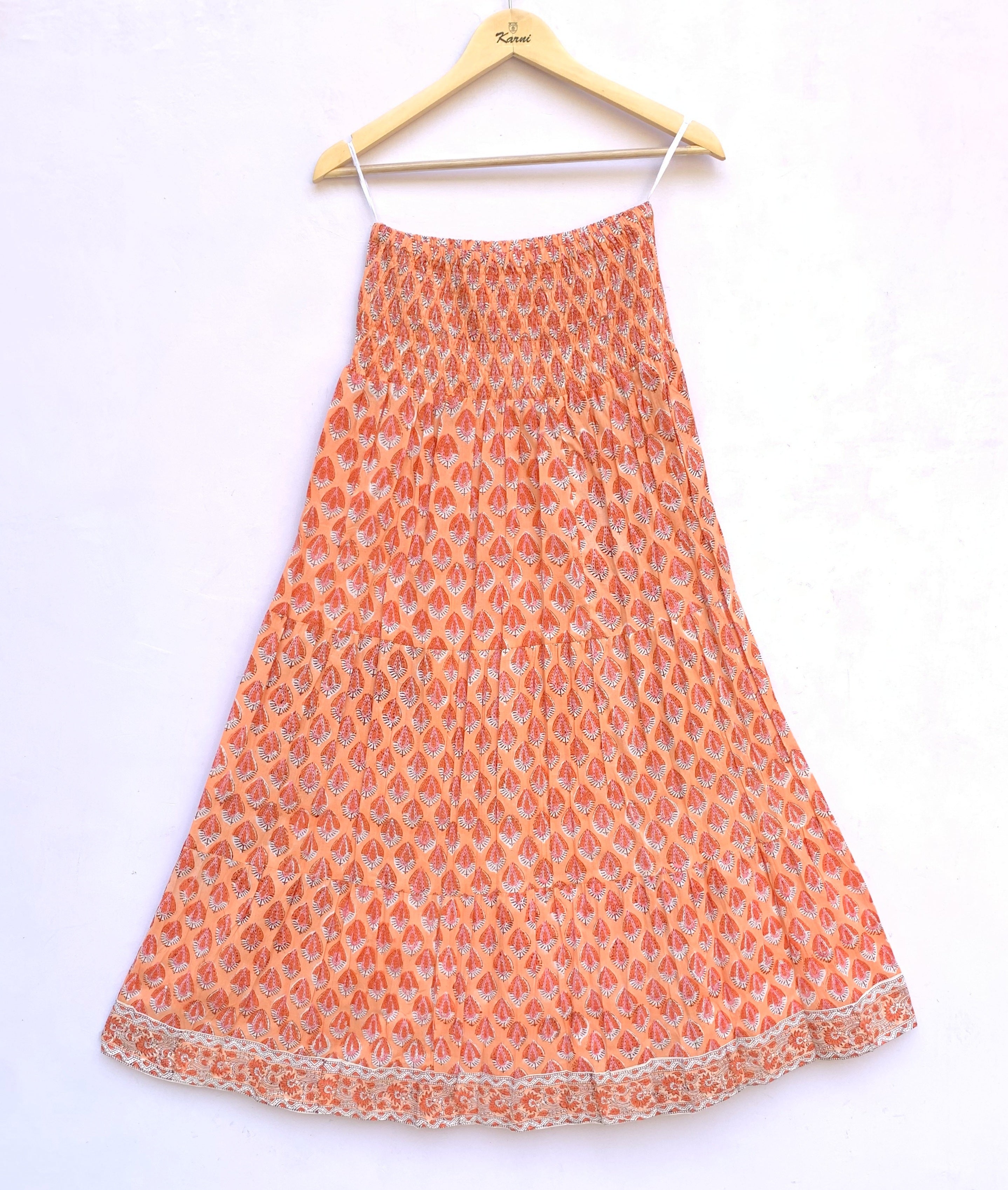 Sunset Coral Handcrafted Cotton Maxi Skirt – Traditional Buti Smocked Waist