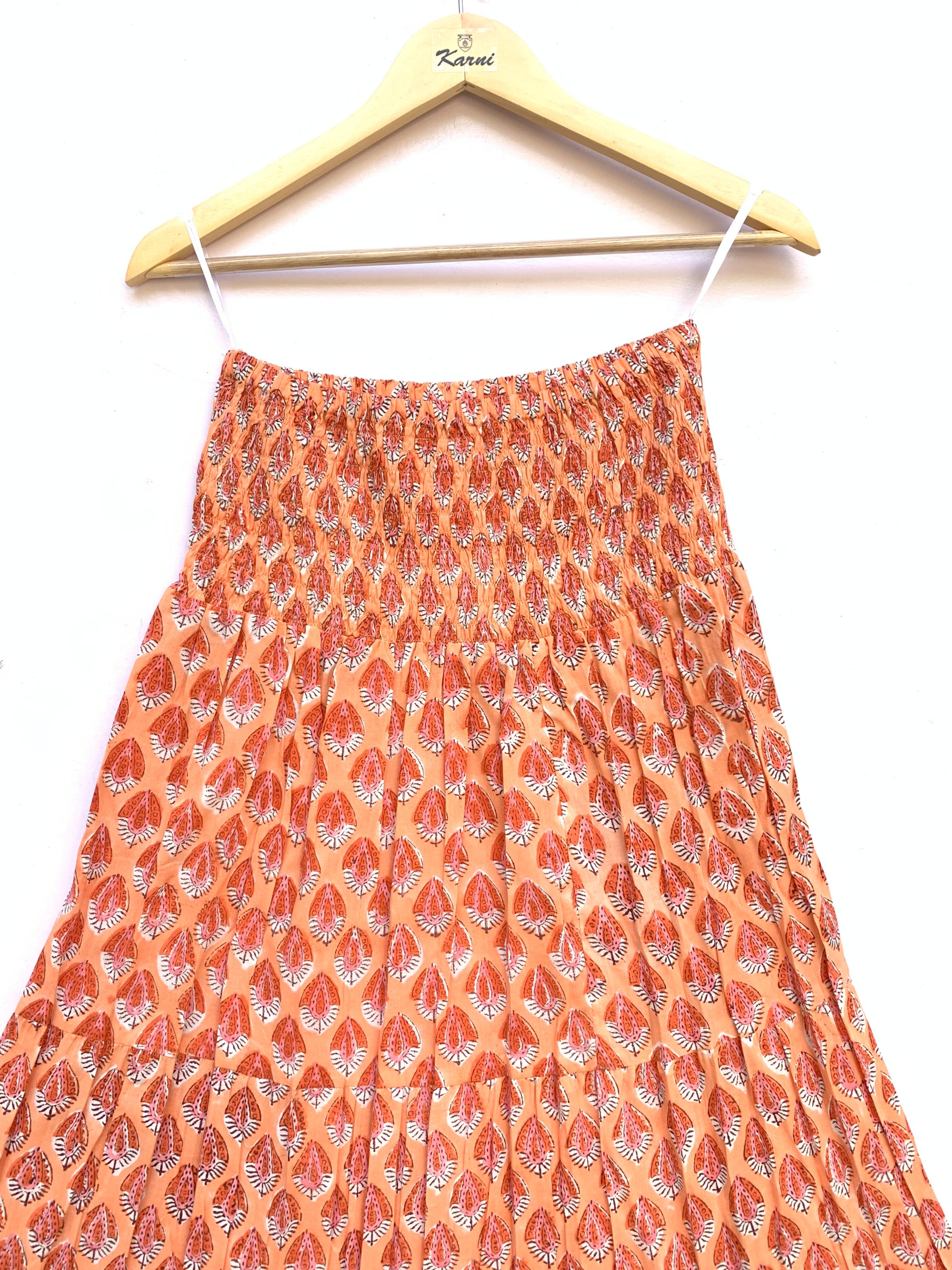 Sunset Coral Handcrafted Cotton Maxi Skirt – Traditional Buti Smocked Waist