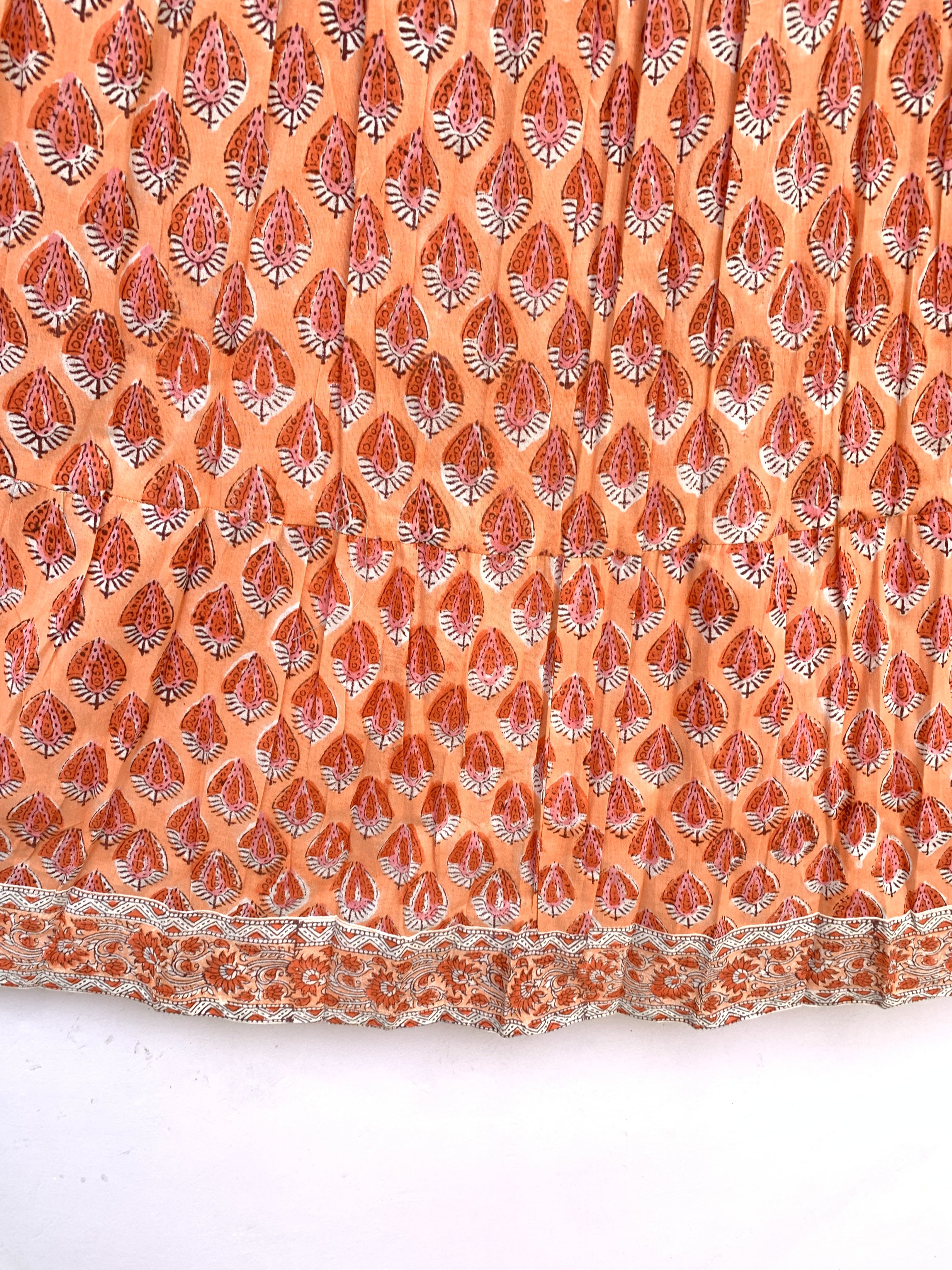 Sunset Coral Handcrafted Cotton Maxi Skirt – Traditional Buti Smocked Waist