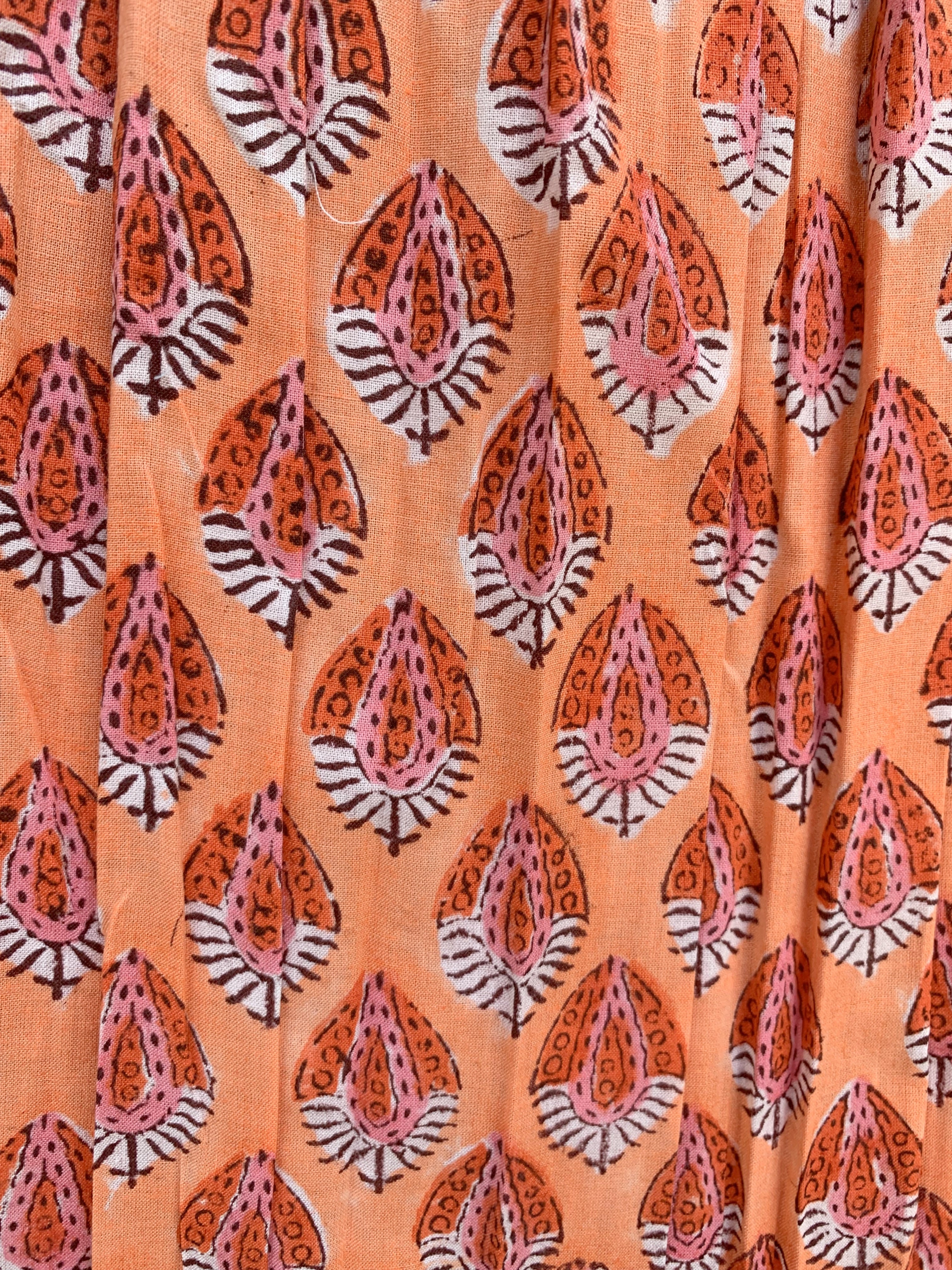 Sunset Coral Handcrafted Cotton Maxi Skirt – Traditional Buti Smocked Waist