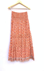 Sunset Coral Handcrafted Cotton Maxi Skirt – Traditional Buti Smocked Waist