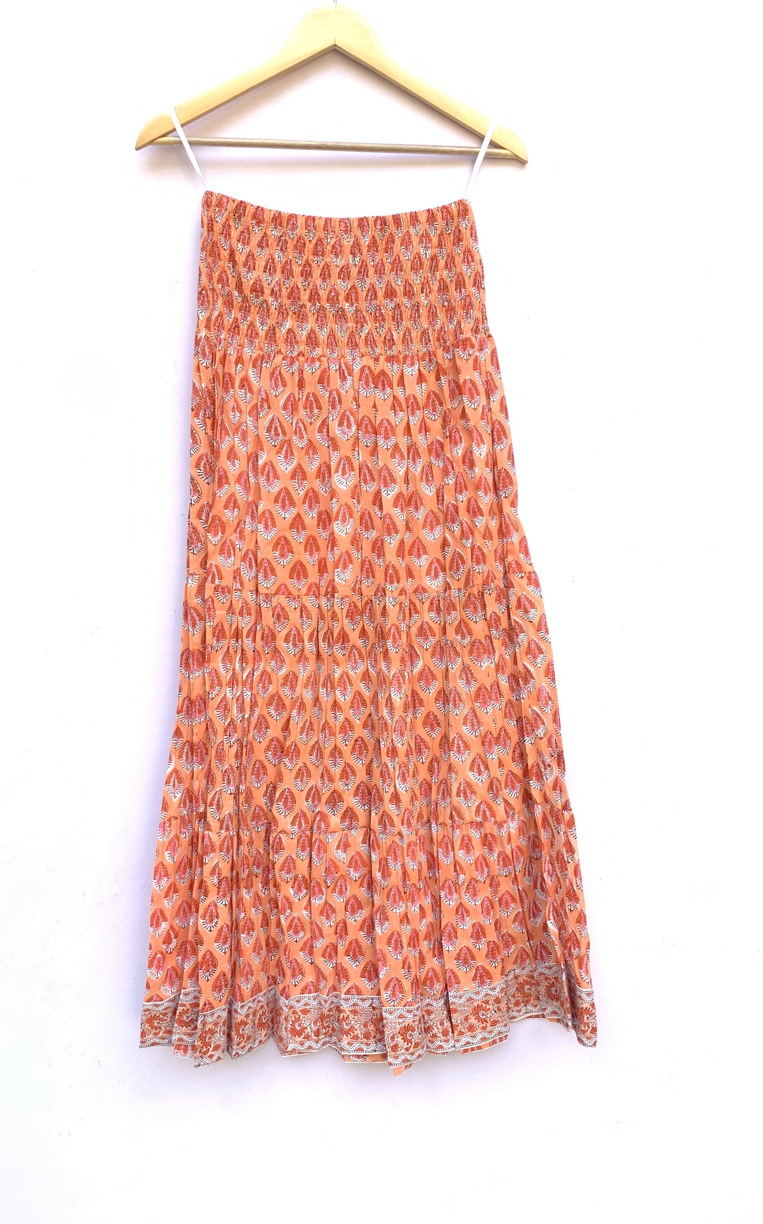 Sunset Coral Handcrafted Cotton Maxi Skirt – Traditional Buti Smocked Waist