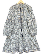 Ivory & Charcoal Floral Hand Block Printed Tiered Mini Dress