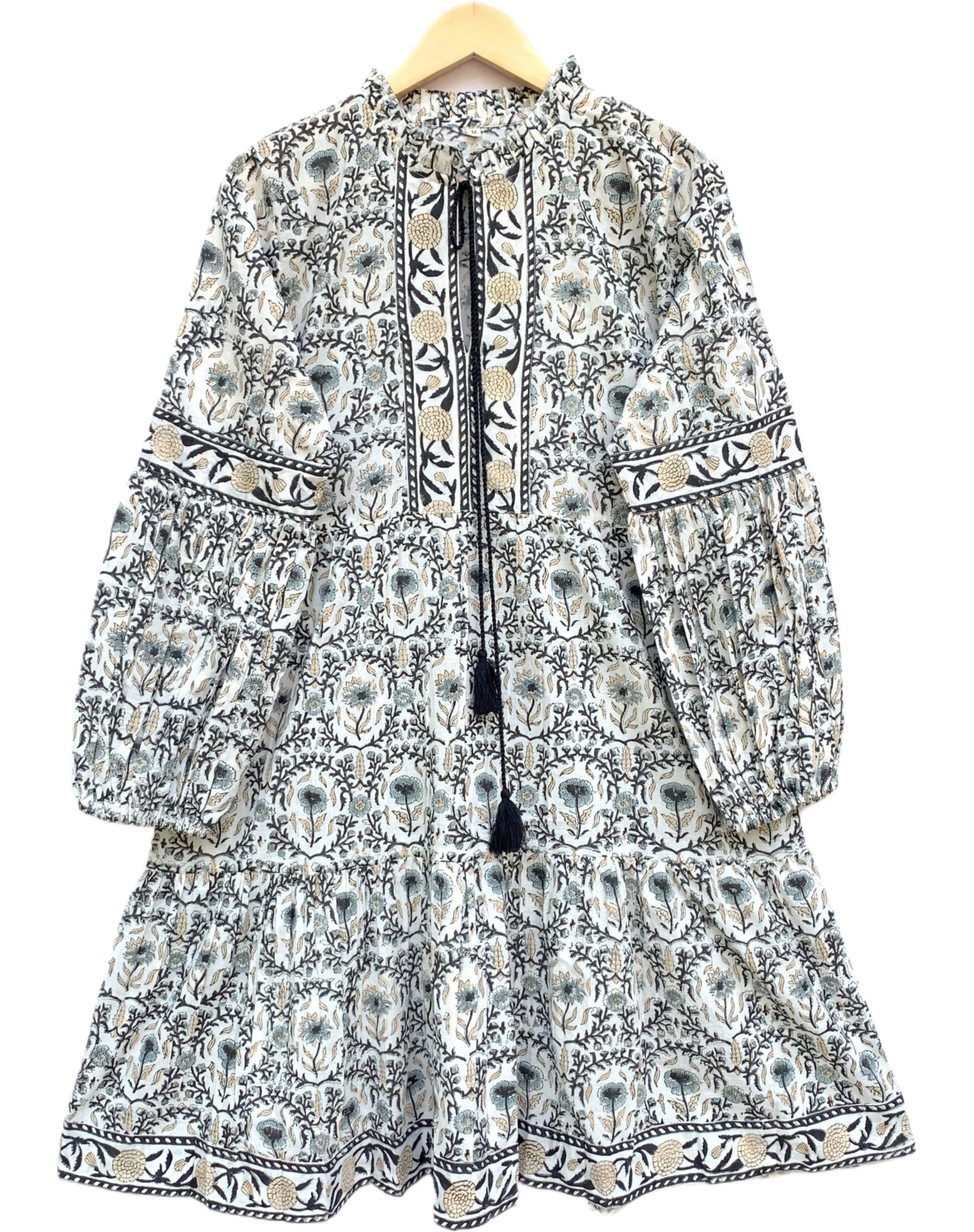 Ivory & Charcoal Floral Hand Block Printed Tiered Mini Dress