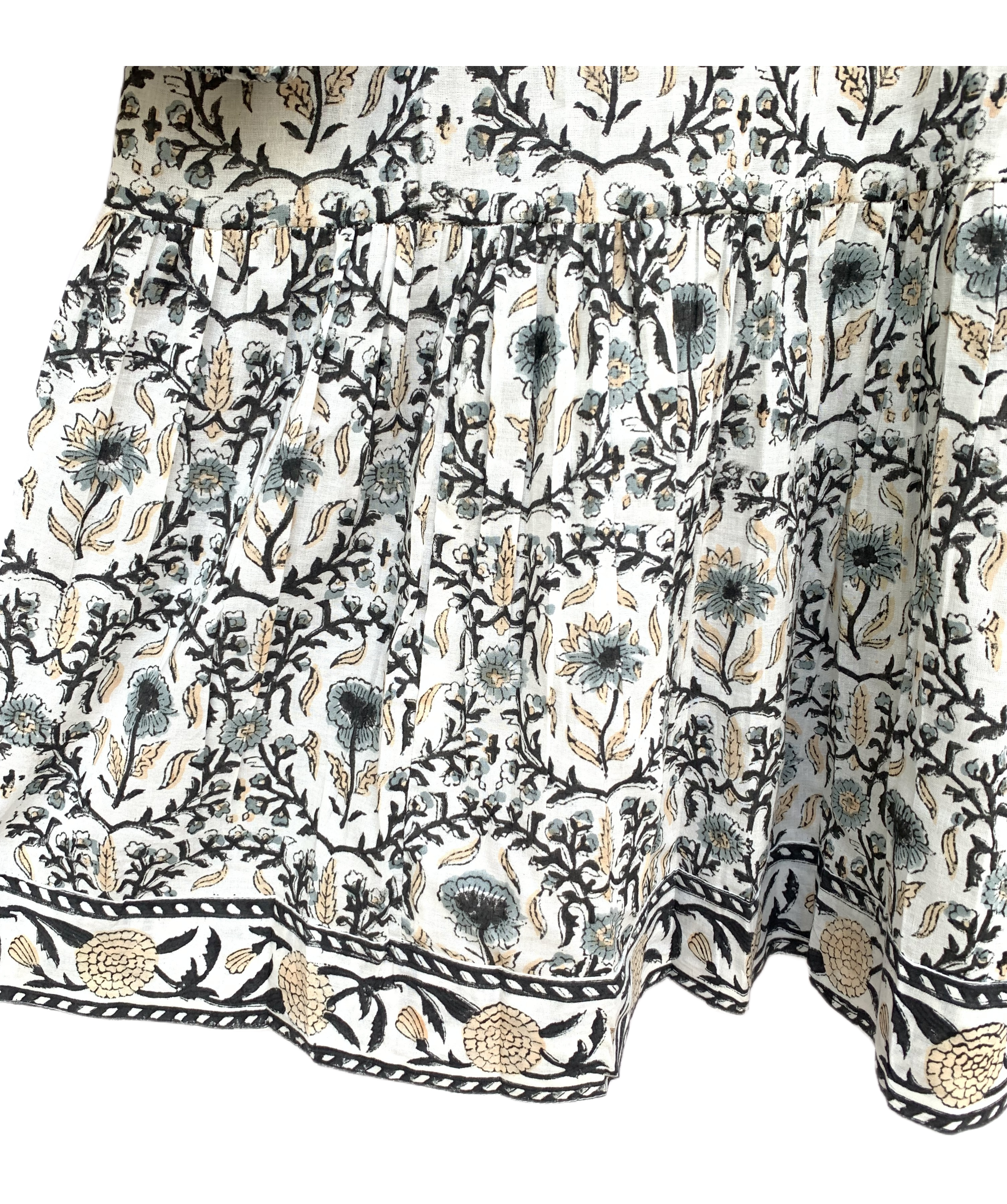 Ivory & Charcoal Floral Hand Block Printed Tiered Mini Dress