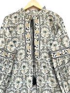 Ivory & Charcoal Floral Hand Block Printed Tiered Mini Dress