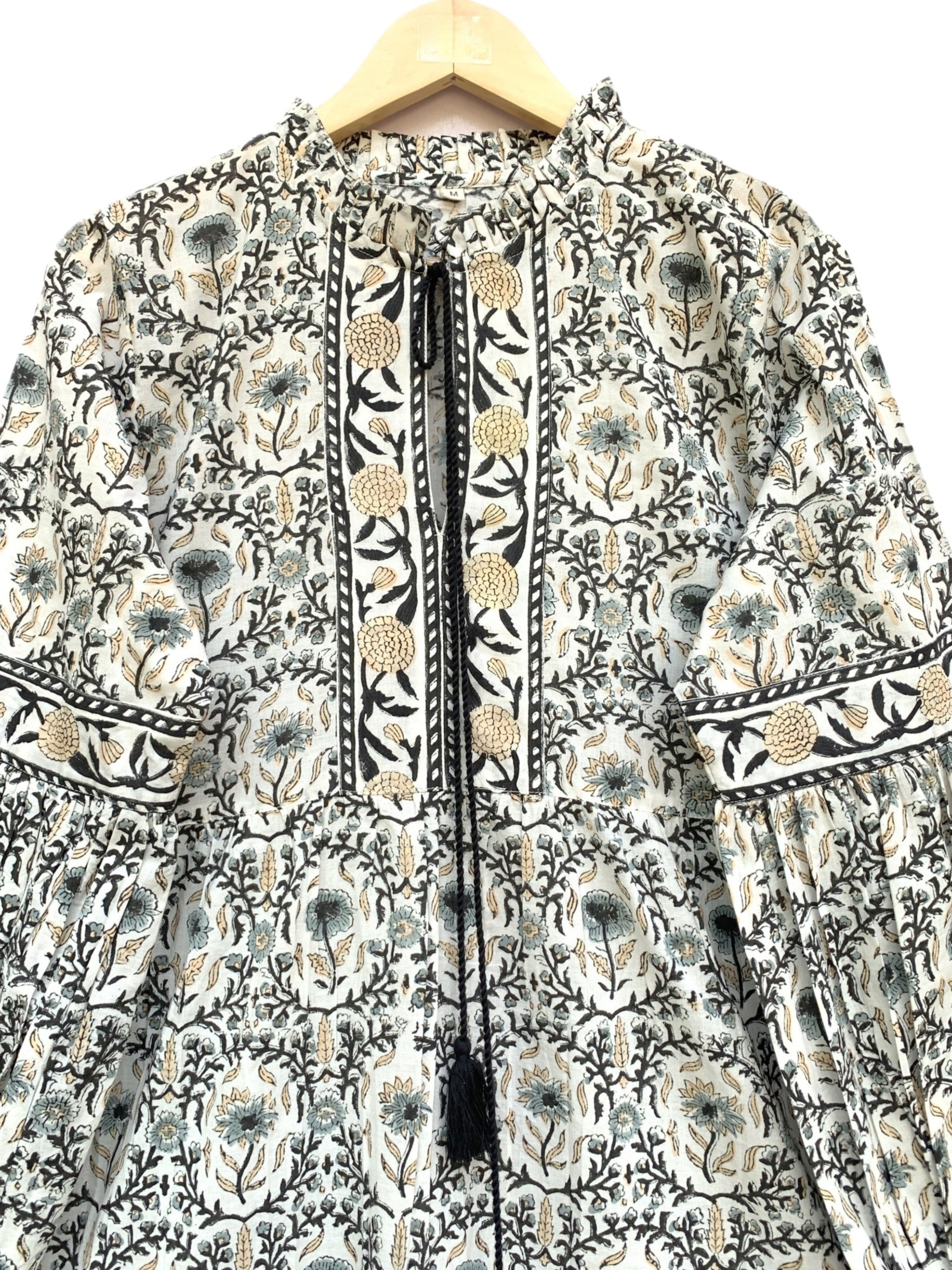 Ivory & Charcoal Floral Hand Block Printed Tiered Mini Dress